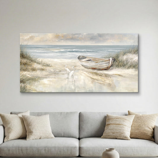 SENROLAN Coastal Wall Art for Living Room, Horizontal Seascape Canvas Wall Art with Boat and Birds, Neutral Ocean Picture for Bedroom, Large Beach Wall Decor, Ready to Hang, 24x48 Inch