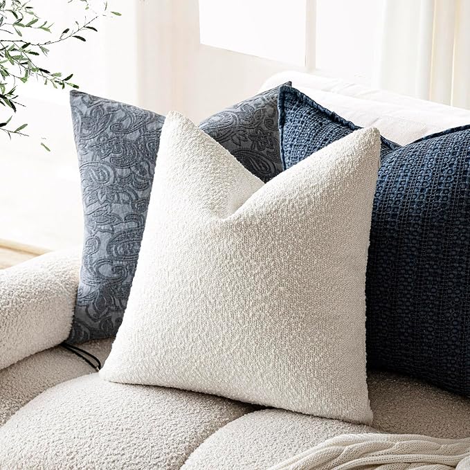 Foindtower Decorative Textured Boucle Throw Pillow Covers Accent Solid Pillow Cases Neutral Soft Cozy Couch Cushion Case for Chair Sofa Bedroom Living Room Home Decor 16x16 Inch,1PC,White