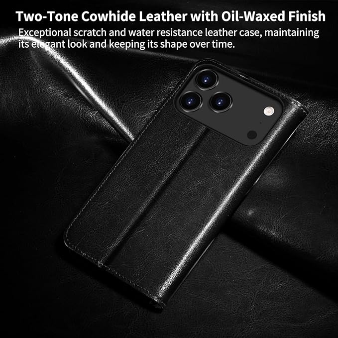 Belemay Leather Wallet Case Compatible with iPhone 17 Pro Max, Premium Cowhide Leather Two-Tone Effect, RFID Blocking Card Holders, Shockproof TPU Shell, Kickstand, Protective Flip Cover, 6.9", Black