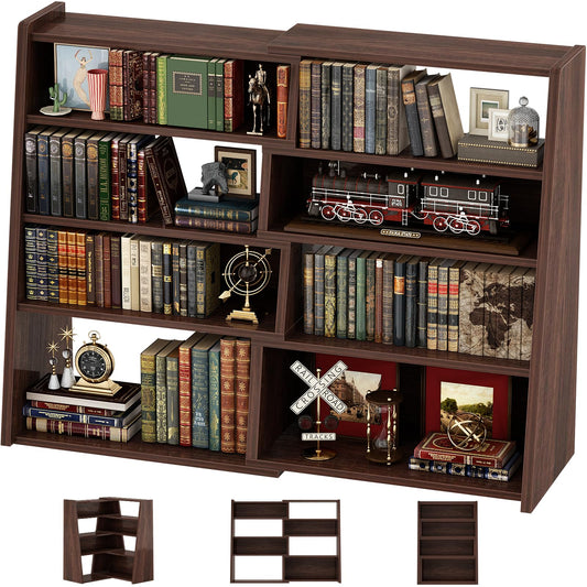 Armocity Expandable Bookshelf, Short Corner Bookshelf for Small Spaces, Small Ladder Book Shelf, Extendable Wood Narrow Bookcase for Living Room, Bedroom, 5 Tier, Black Walnut