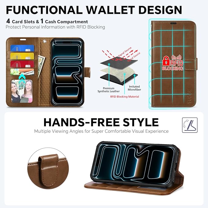 TUCCH Detachable Case Wallet for iPhone 17 Pro (6.3") 2025, Wrist Strap, 4 Card Holders RFID Blocking, Wireless Charging, Stand, 2-in-1 Magnetic, PU Leather, Shockproof Folio Cover, Brown
