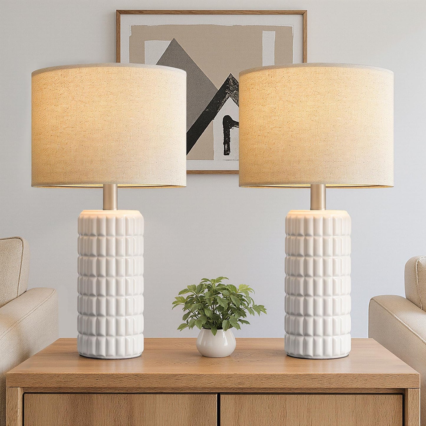 Seealle 23" Modern Ceramic Table Lamps Set of 2 - Table Lamps for Living Room, Farmhouse Bedside Night Stands Lamp for Bedroom, White Nightstand Lamps Set of 2, Desk Lamp for End Table Home Decor