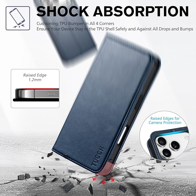 TUCCH Case Wallet for iPhone 17 Pro (6.3-Inch) 2025, 3 Card Slots | Kickstand | RFID Blocking | PU Leather | Protective Flip Folio Cover | TPU Shockproof Interior Shell | Deep Blue