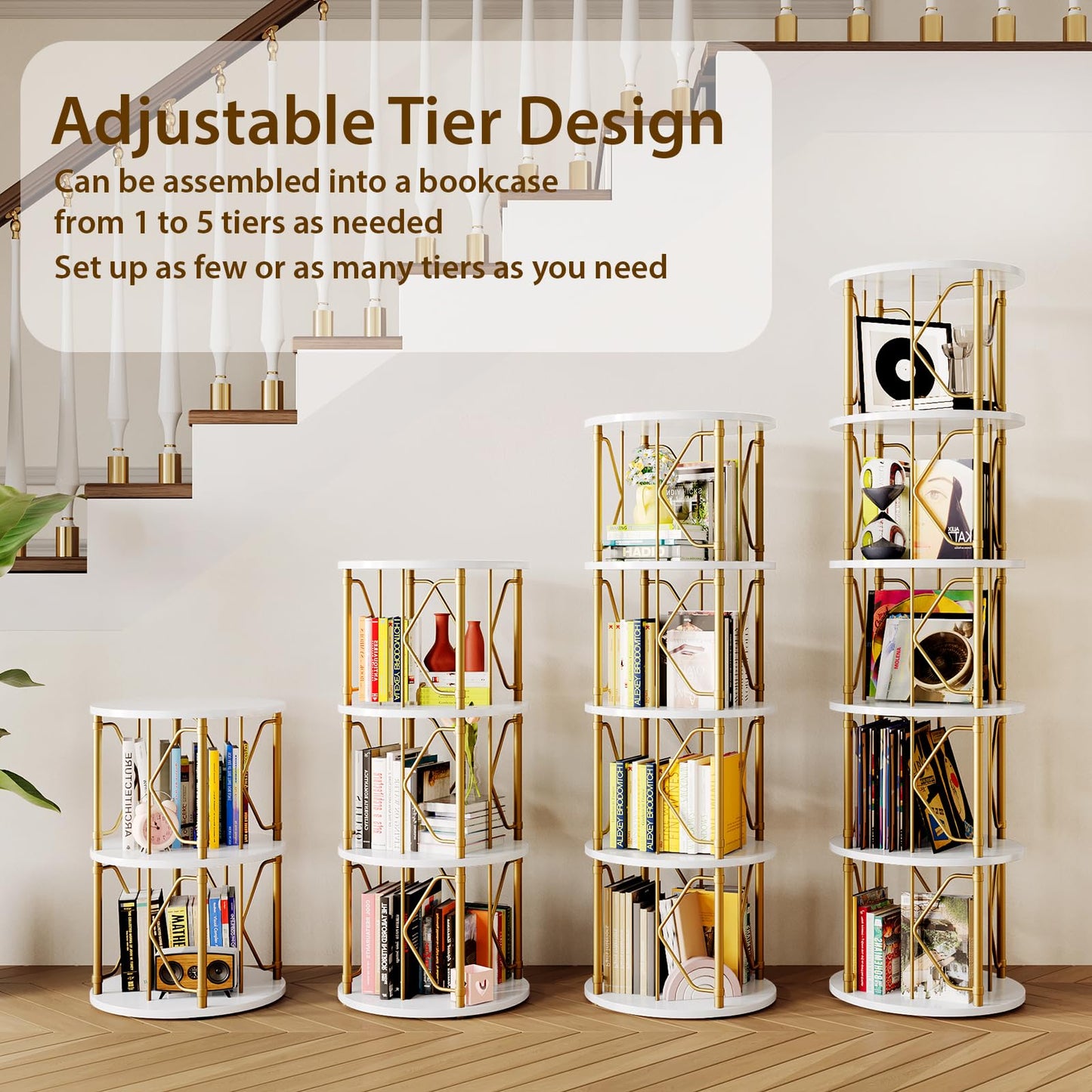 5 Tier Rotating Bookshelf Tower, Revolving Bookcase, 360° Round Spinning Book Shelf, Narrow Swivel Bookshelves Vertical Turning Corner Bookshelf Organizer for Bedroom, Living Room, Gold & White