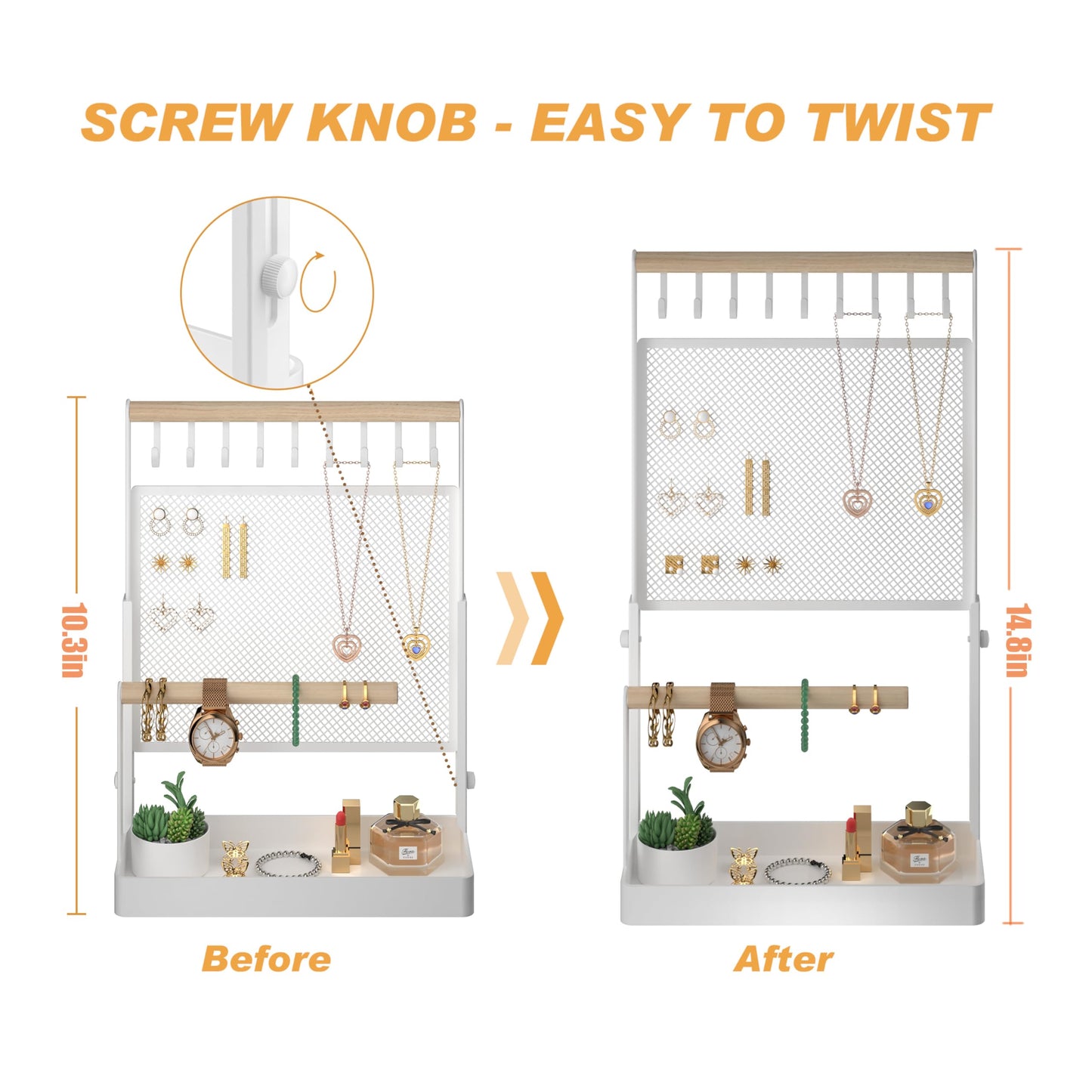 IOAIANIA Jewelry Organizer Stand, Liftable Necklace Holder with Earring Organizer Net, 9 Hooks Necklaces Storage Wooden Handing Bar for Bracelets Watches Rings (White)
