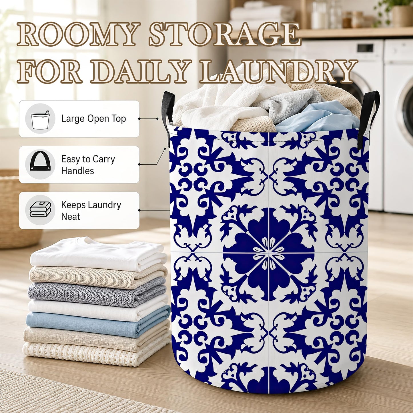Boho Laundry Basket Oxford Cloth Blue White Tile Laundry Hamper With Handle Foldable Portable Clothes Storage Basket Storage Bag For Laundry Room/Bathroom/Bedroom/Dormitory 20.8"x16"