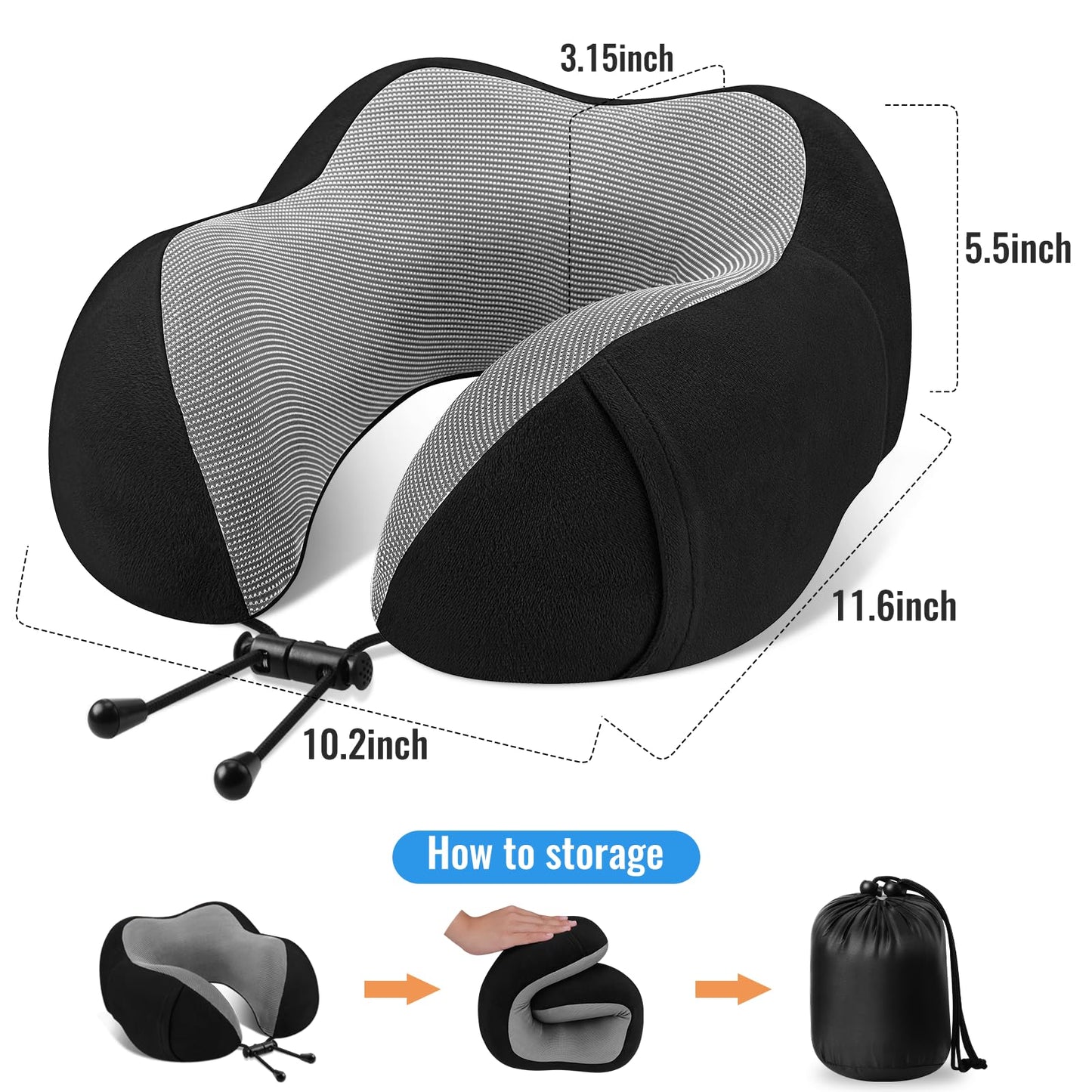 CloudBliss Travel Pillow for Airplane, Memory Foam Neck Pillow for Travel, Compact Flight Pillow with Eye Mask, Earplugs, Carry Bag, Travel Neck Pillow for Long Flight Sleep, Plane Accessories, Black