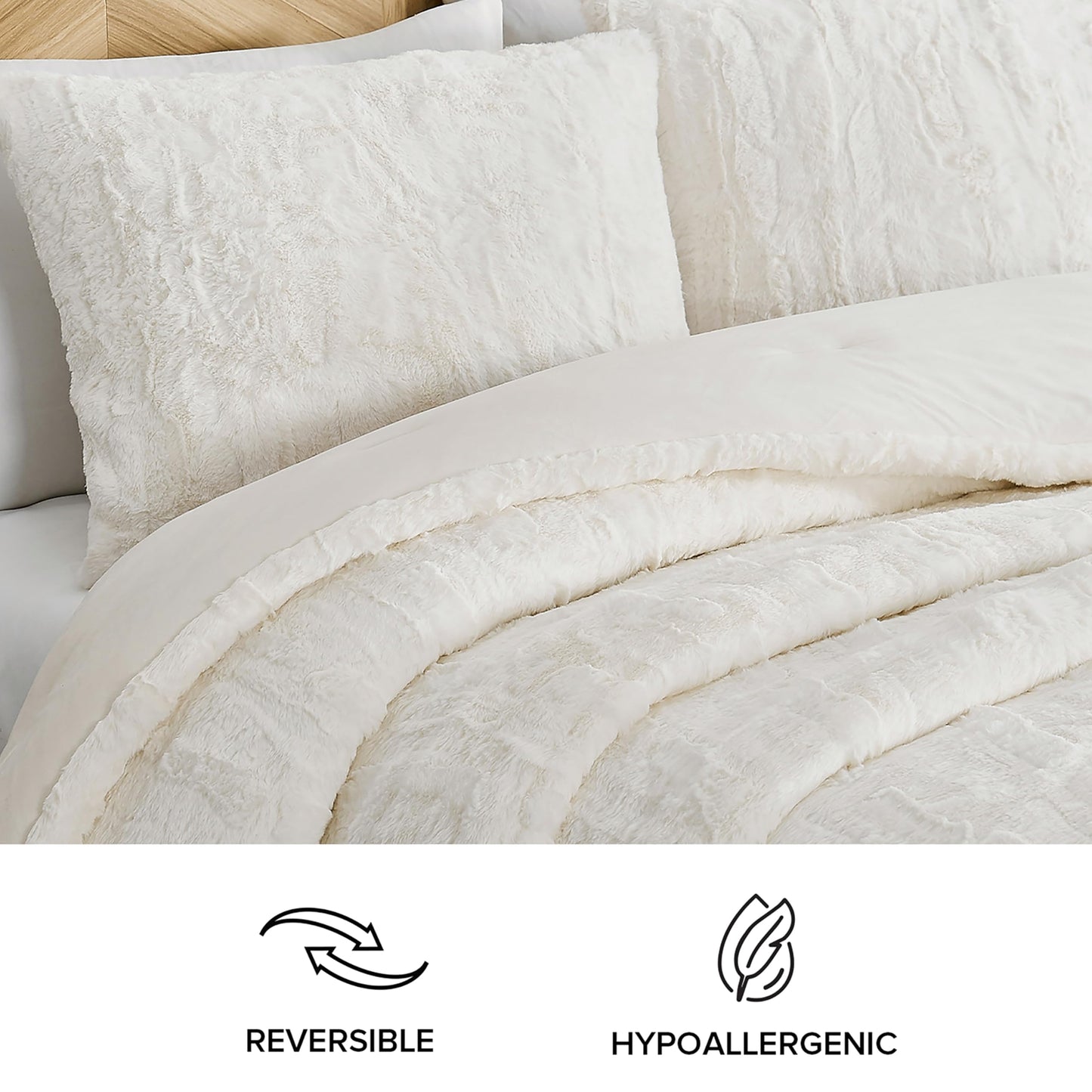 UGG King Size Comforter Set, Luxury Faux Fur Extra Soft King Comforter Set, Oversized Fluffy Reversible Cream Micromink Bedding with 2 Zipper Pillow Shams, Bedroom Decor, Snow White, Alondra