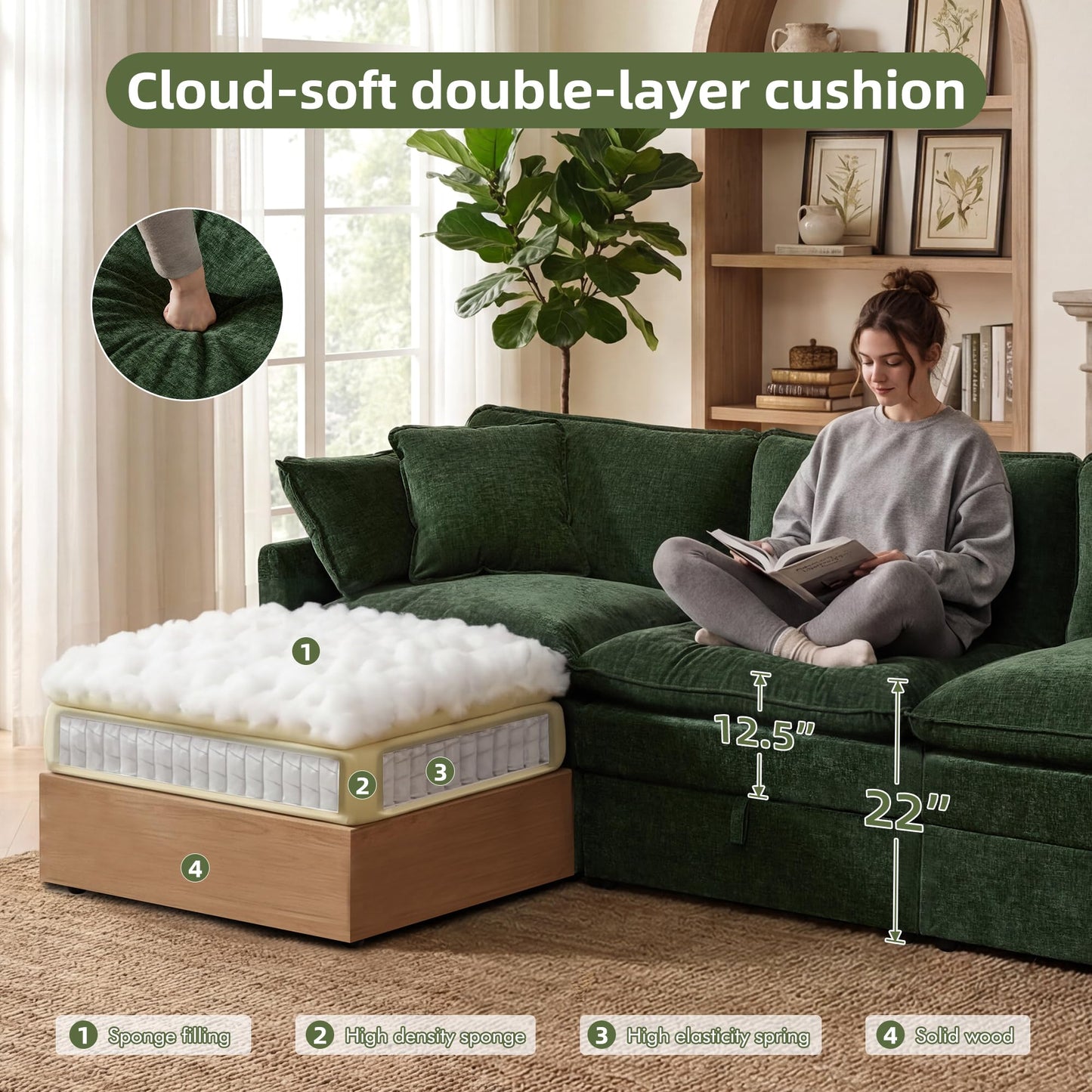WorthFurni Modular Sectional Sofa with Storage Ottomans,102" L-Shaped Cloud Couch,Comfy Modern Couches with Pillows & Upholstered Deep Seat Cushion for Apartment Living Room Bedroom（Green）