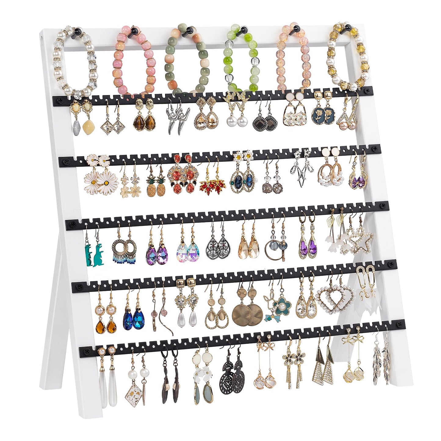 Emfogo Earring Holder Organizer, 6 Tier Earring Display Stand with 285 Holes & 6 Bracelet Rods, Rustic Wood Jewelry Organizer for Earring Bracelet Necklace Ring, Gifts for Women (White)