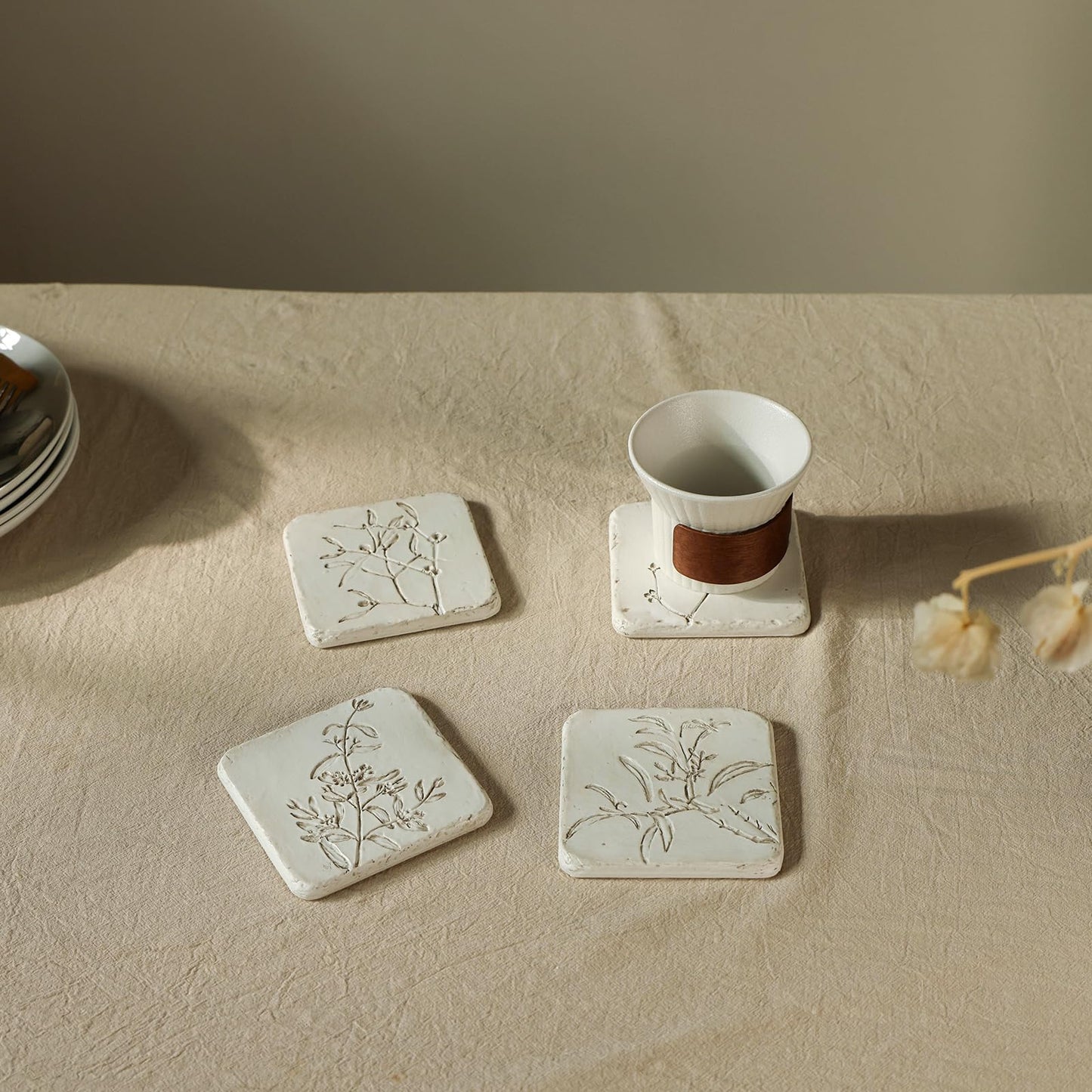 HOME PALETTE Botanical Coasters for Drinks Set of 4, 4.02 Inch Square Resin with Cork Base, Plant Floral Design, Absorbent Coasters for Bar Desk Coffee Table, White