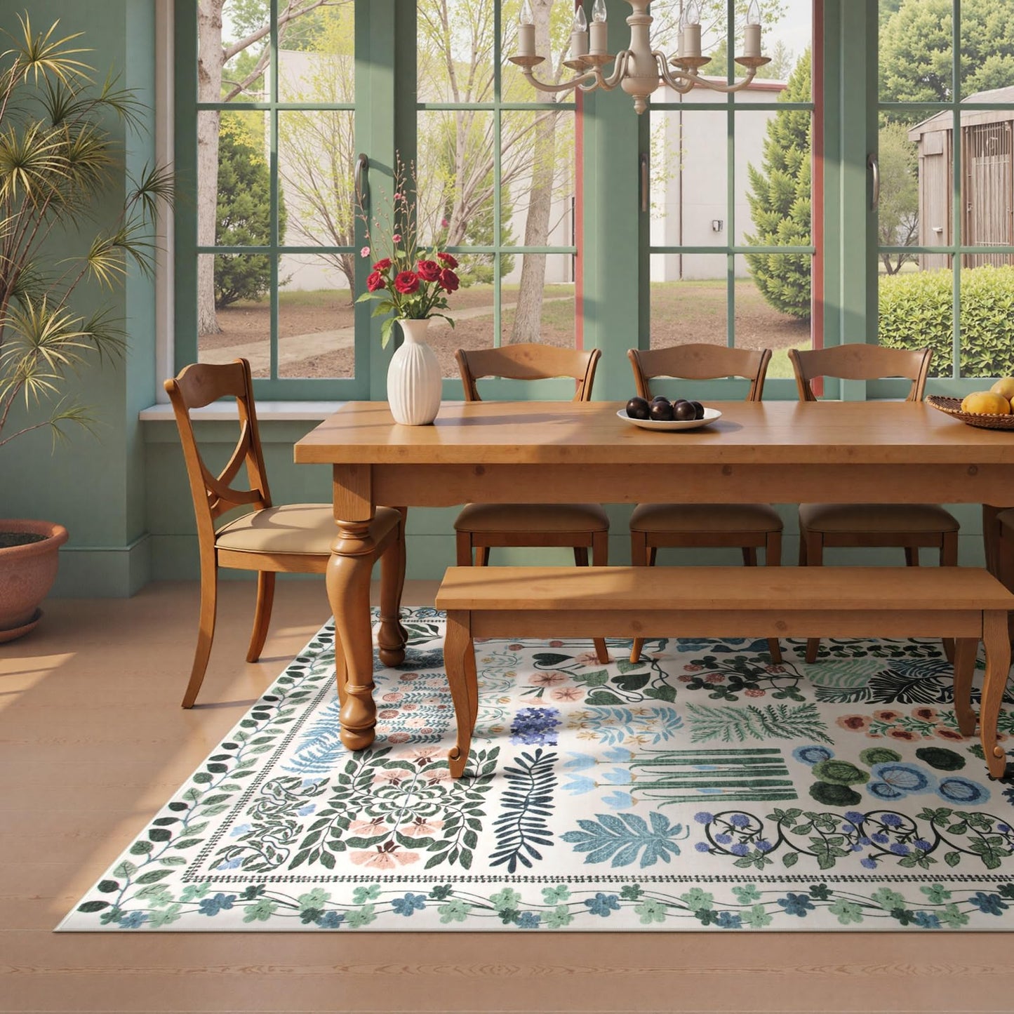 Zealude Floral Boho 5x7 Area Rugs for Bedroom Living Room, Botanical Soft Dining Room Rug, Large Non Slip Stain Resistant Indoor Throw Carpet for Entryway Kitchen Office Playroom (Beige,5 x 7)