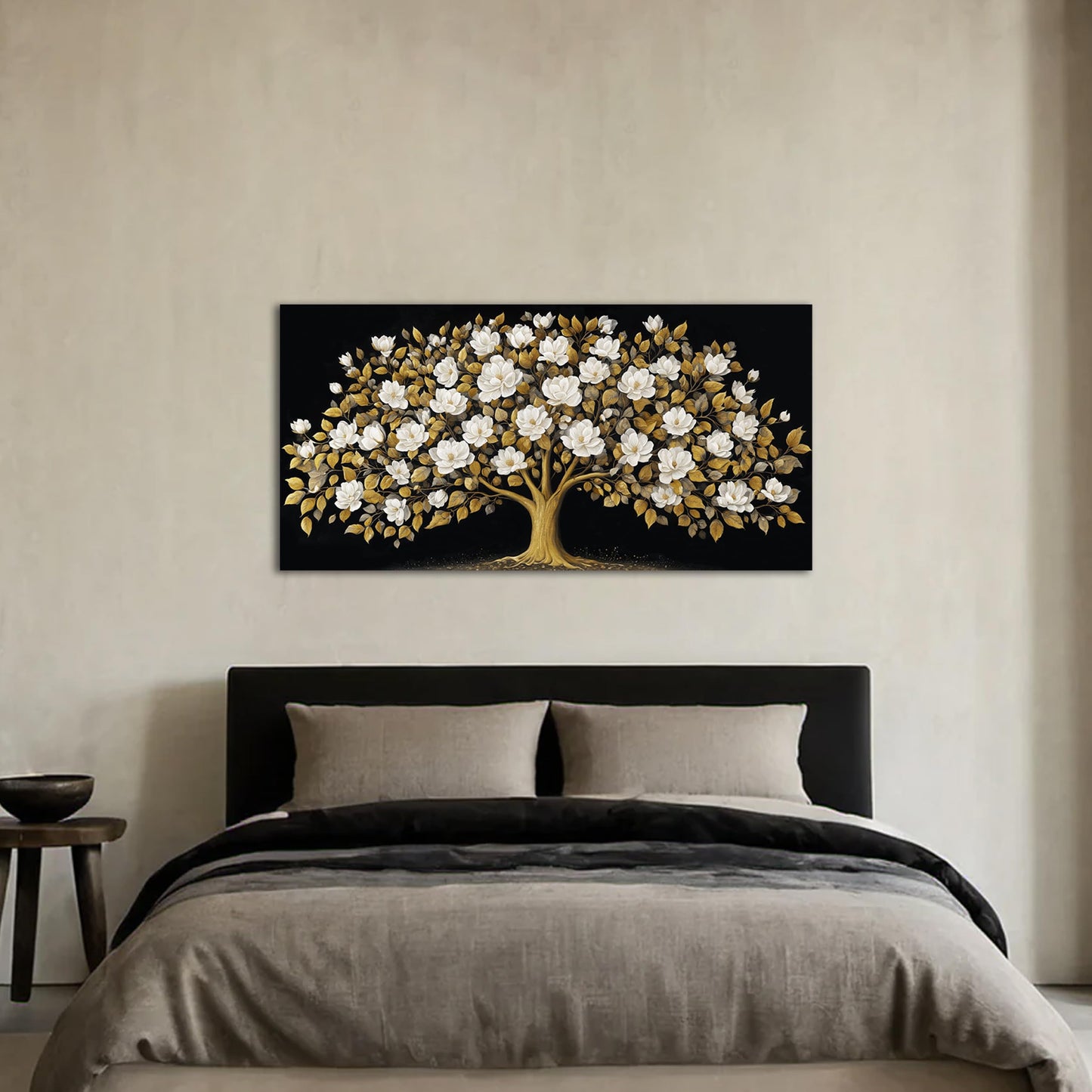 ORKARLUMENT Large Tree of Life Wall Art for Living Room Gold and White Floral Modern Artwork for Bedroom Office Canvas Prints 20"x40"