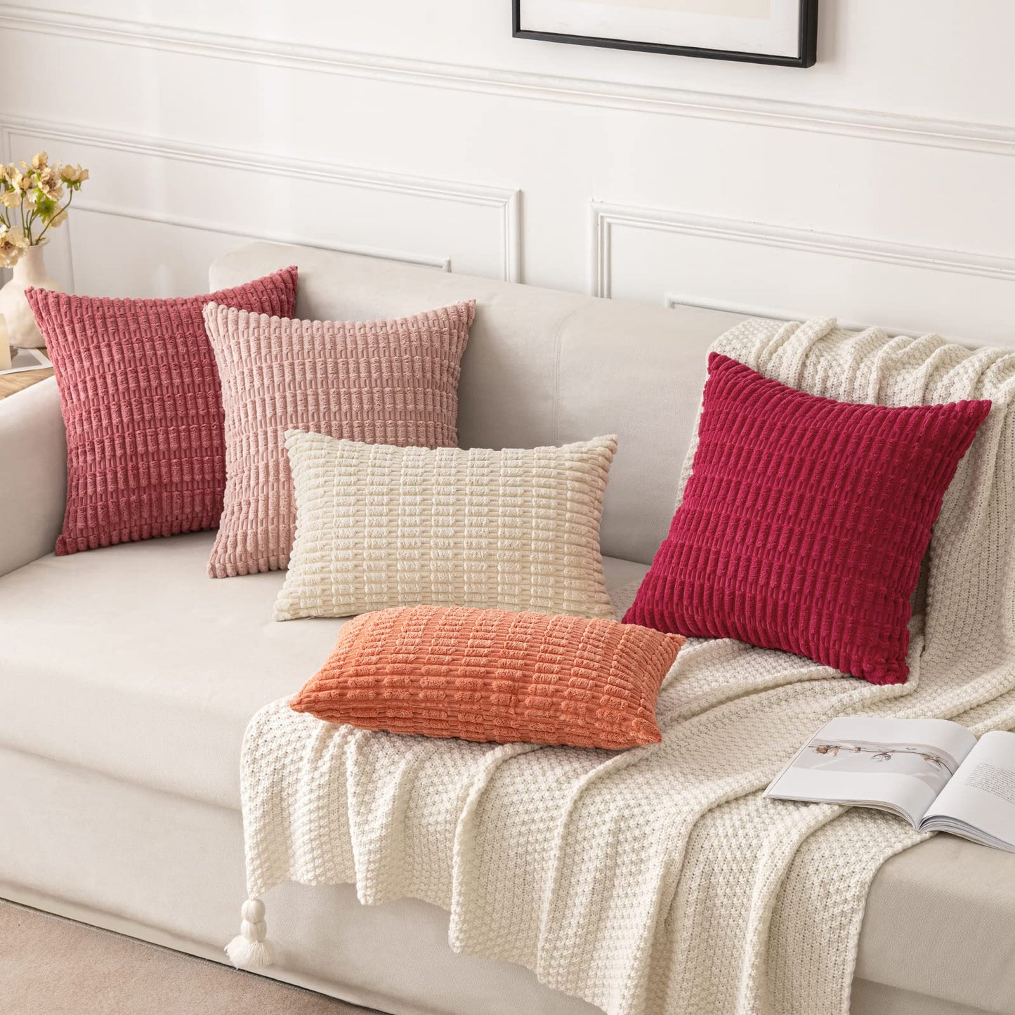 MIULEE Pack of 2 Corduroy Decorative Throw Pillow Covers 20x20 Inch Soft Boho Striped Pillow Covers Modern Farmhouse Home Decor for Summer Sofa Living Room Couch Bed Coral