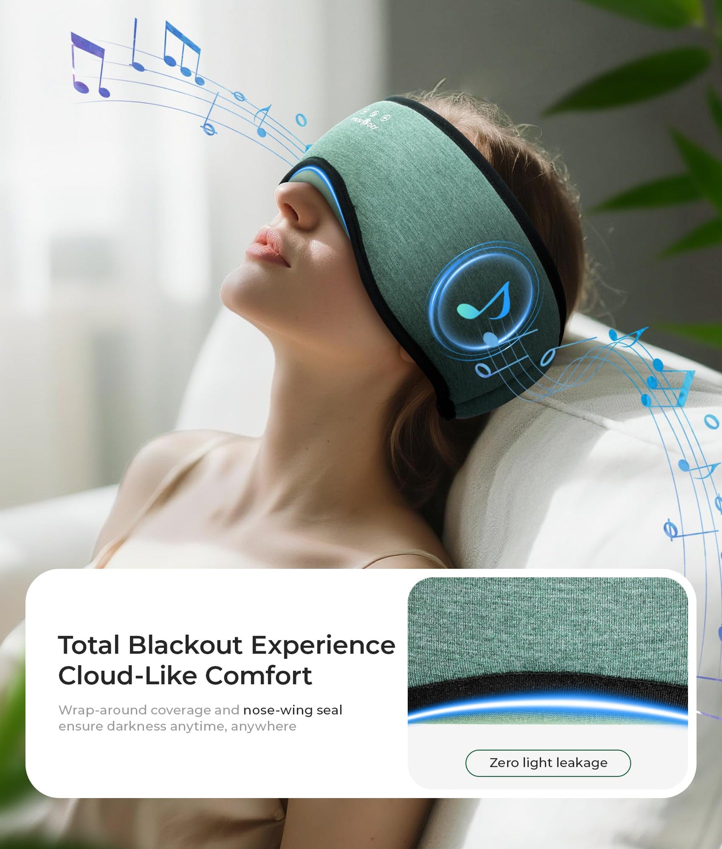 MUSICOZY Sleep Mask with Bluetooth Headphones, Bamboo Cotton Extended Sleep Headphones for Side Sleepers, Bluetooth Eye Mask for Sleeping, Wireless Earphones with HD Stereo Speakers (Dark Green)