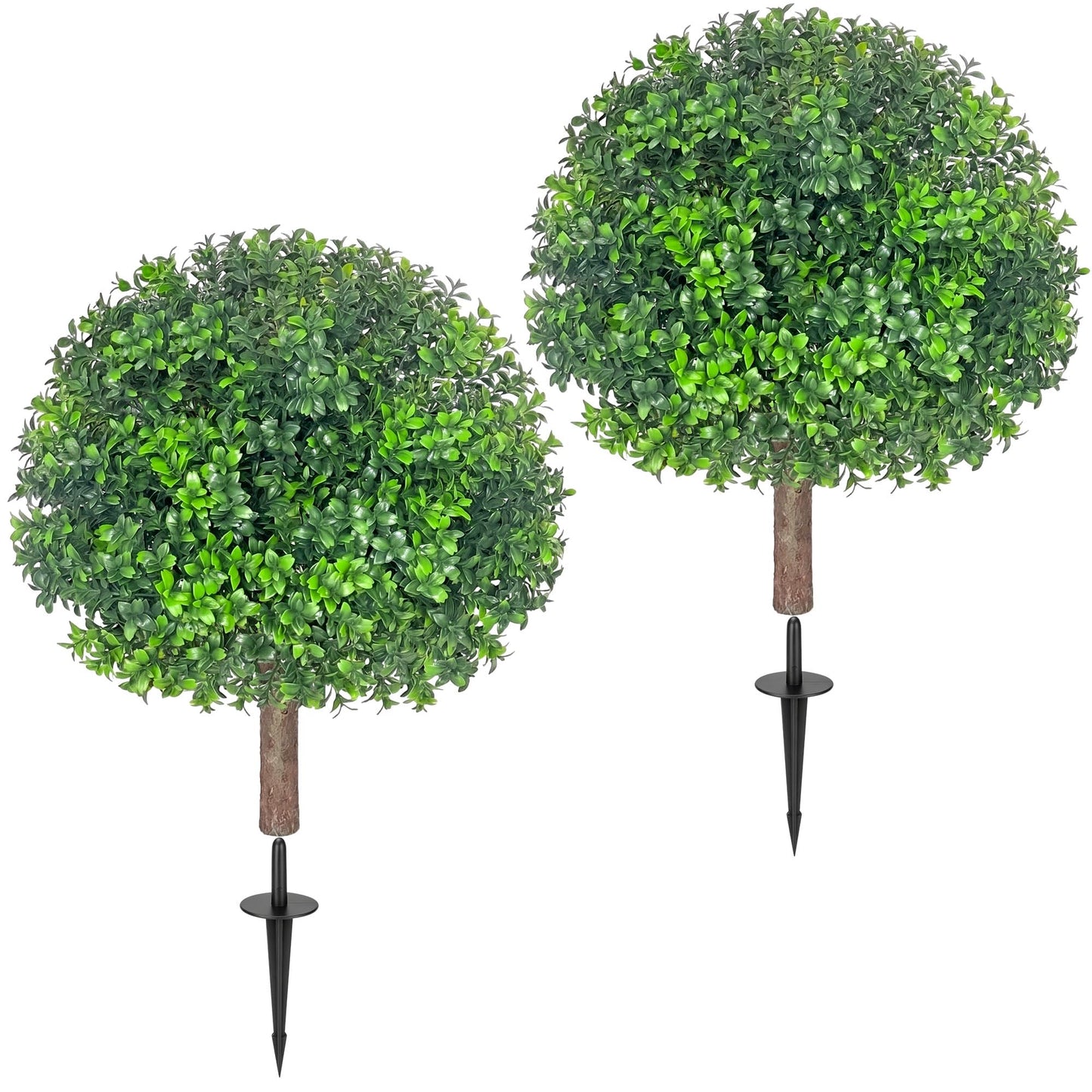 27.5" Artificial Boxwood Topiary Ball Trees for Outdoor with Round Spike, Set of 2 UV Resistant Fake Bushes Artificial Outdoor Shrubs for Front Porch Planters, Weatherproof Faux Greenery Plants Decor