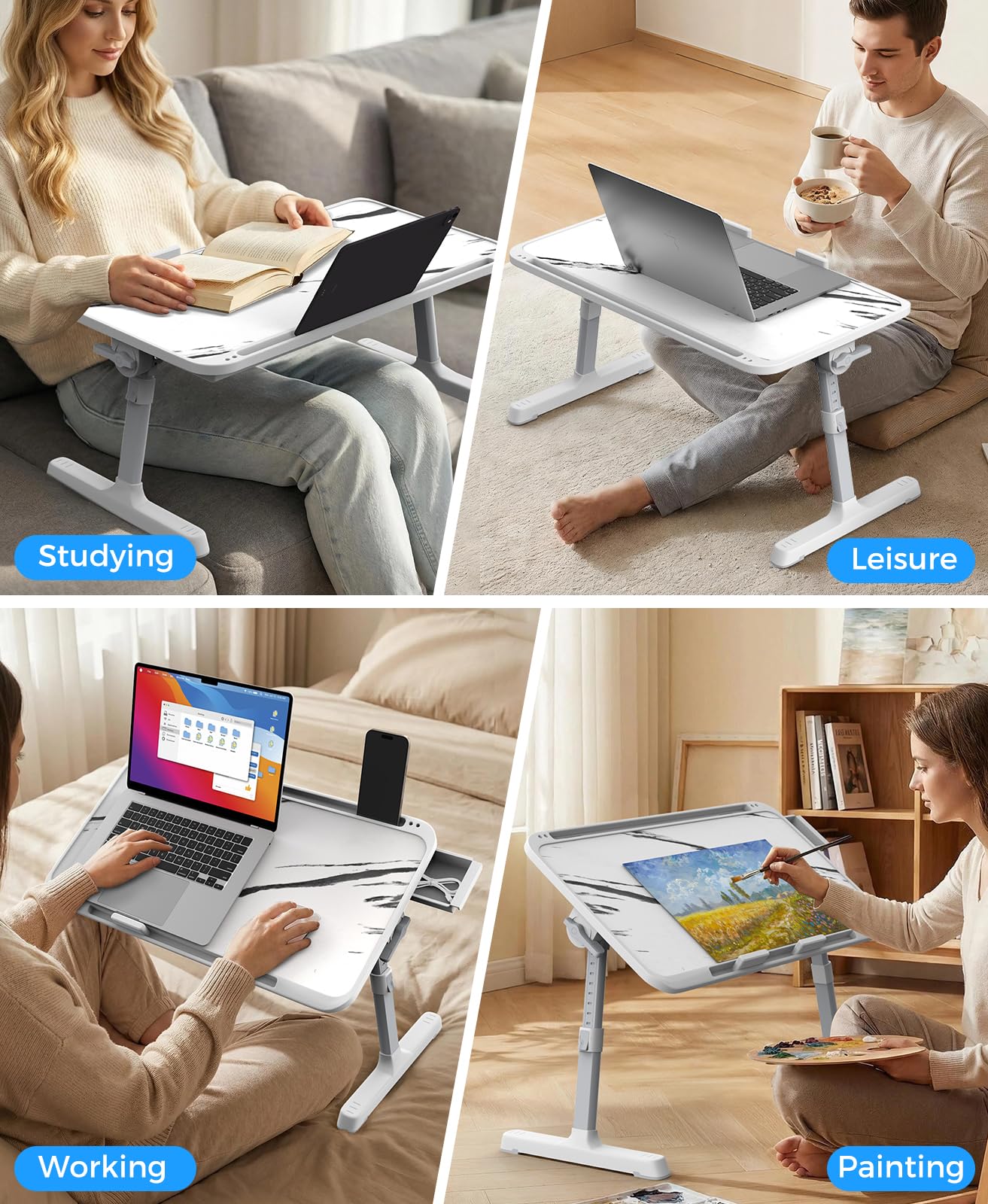 HETTHI Laptop Bed Tray Table, Adjustable Sturdy Laptop Stand for Bed with Premium Materials, Folding Portable Lap Desk with Drawer for Writing Working Reading Eating Couch Floor (Marble, 22.04"×12.2")