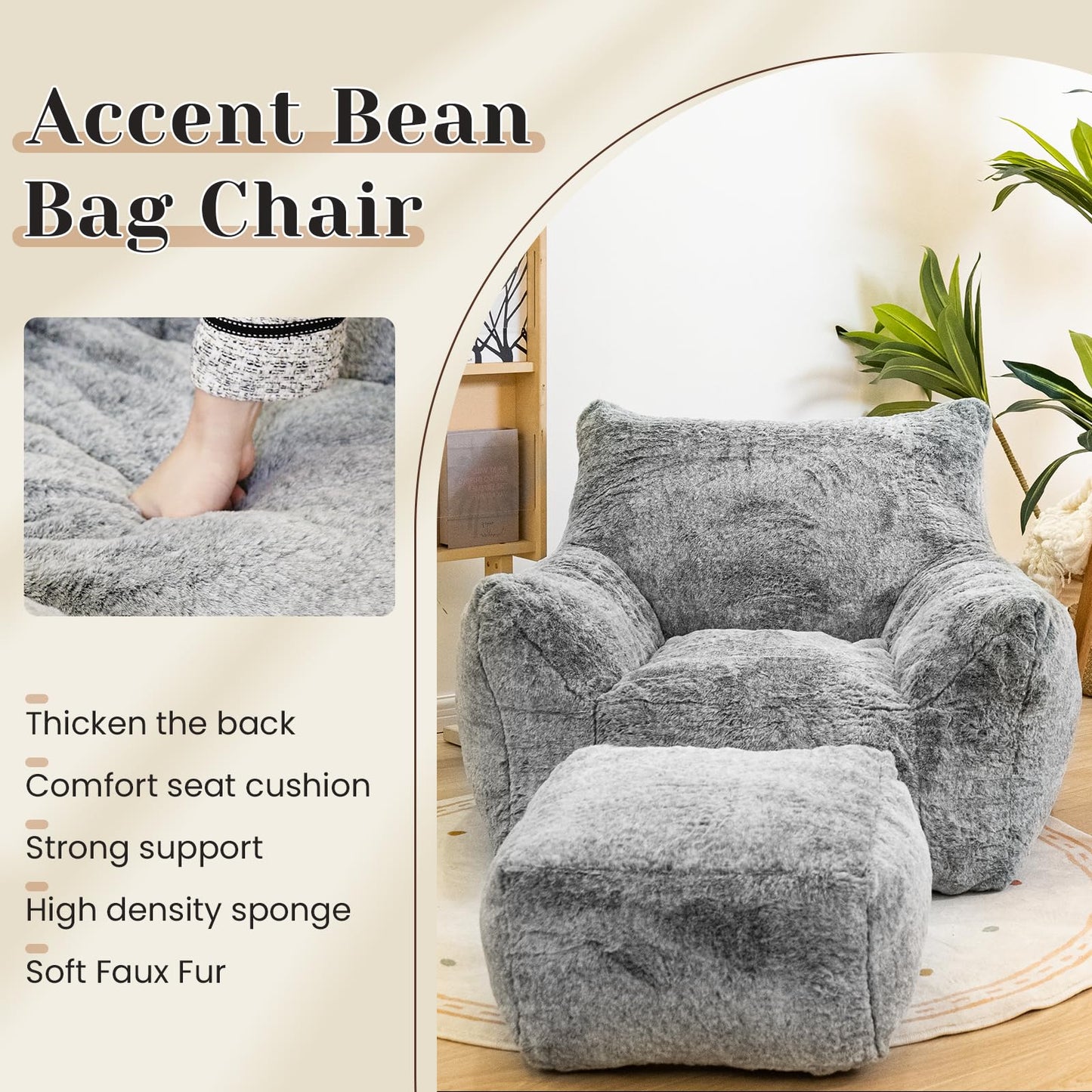 Cvortll Bean Bag Chair with Ottoman, Armrest Bean Bag Chairs with Filler, Ultra Soft Fluffy Faux Fur Bean Bag Chair with Foot Rest, Plush Lazy Sofa with Foot Stool for Living Room, Dorm