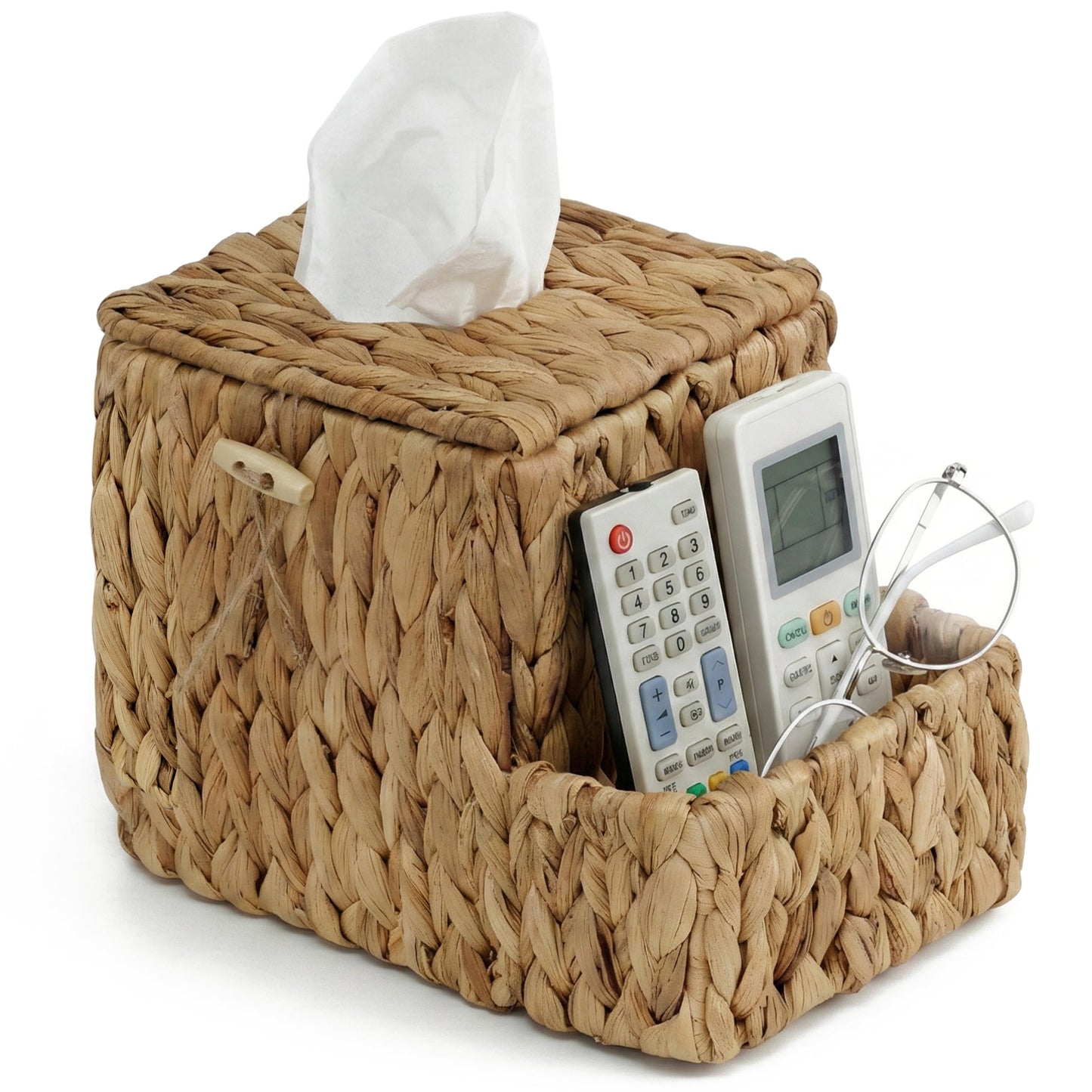 Demigo Water Hyacinth Tissue Box Cover with Side Organizer, Handwoven Wicker Napkin Box Holder with Metal Frame, Boho Farmhouse Tissue Box Storage for Kitchen, Bedroom & Living Room