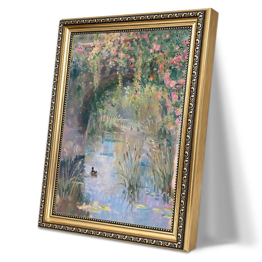 Vintage French Country River Arch Framed Wall Art Impressionist Water Garden Canvas Print Wisteria Flower Stream Oil Painting Cottage Landscape for Living Room Bedroom Kitchen Home Office Gallery Wall Decor Gift for Art Lovers Friends New Homeowners 12x16