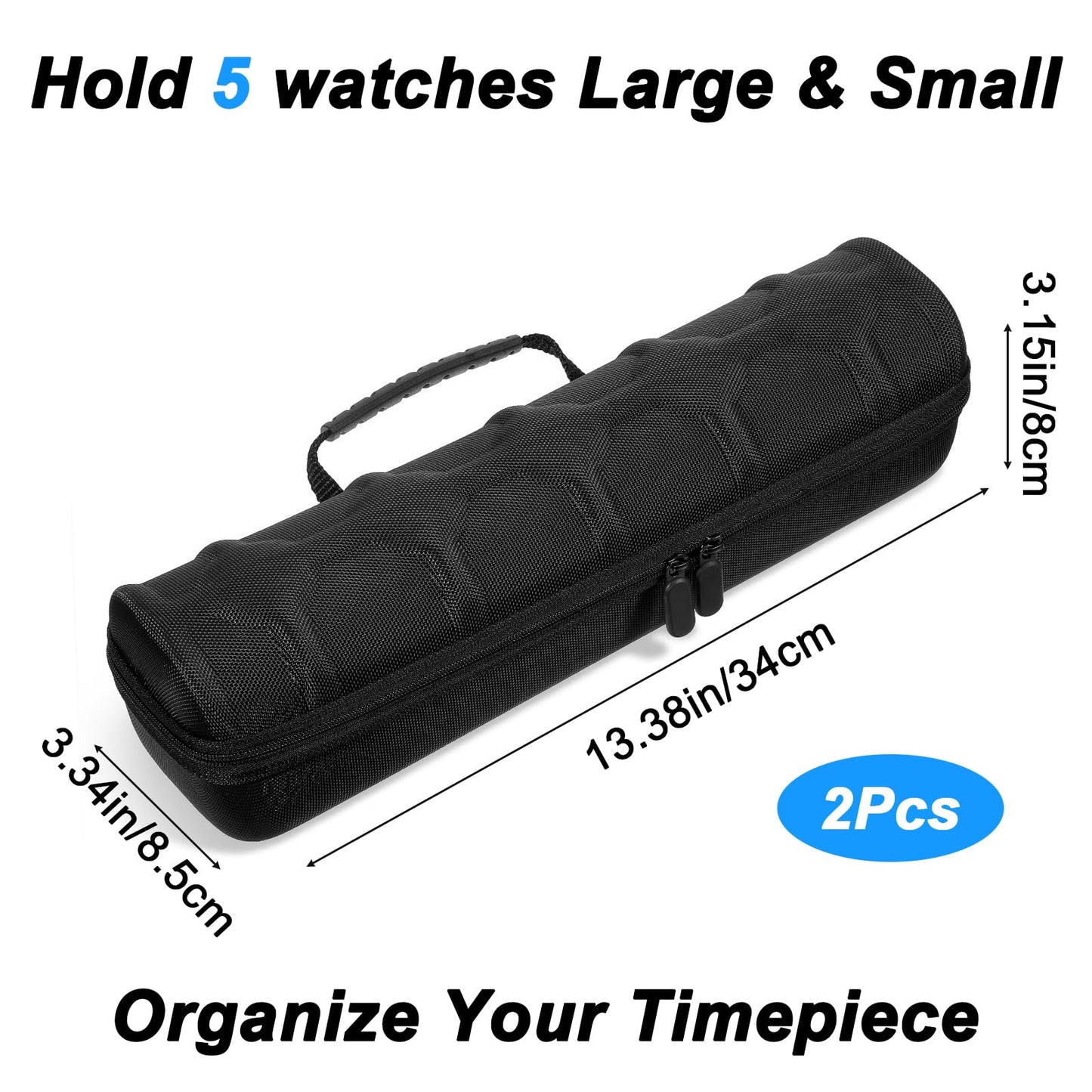 Ubamdom 2 Pcs 5 slots Hard men's watch travel case, Portable zipper storage organizer box with soft compressible foam pillow to fit large and small watchesBlack