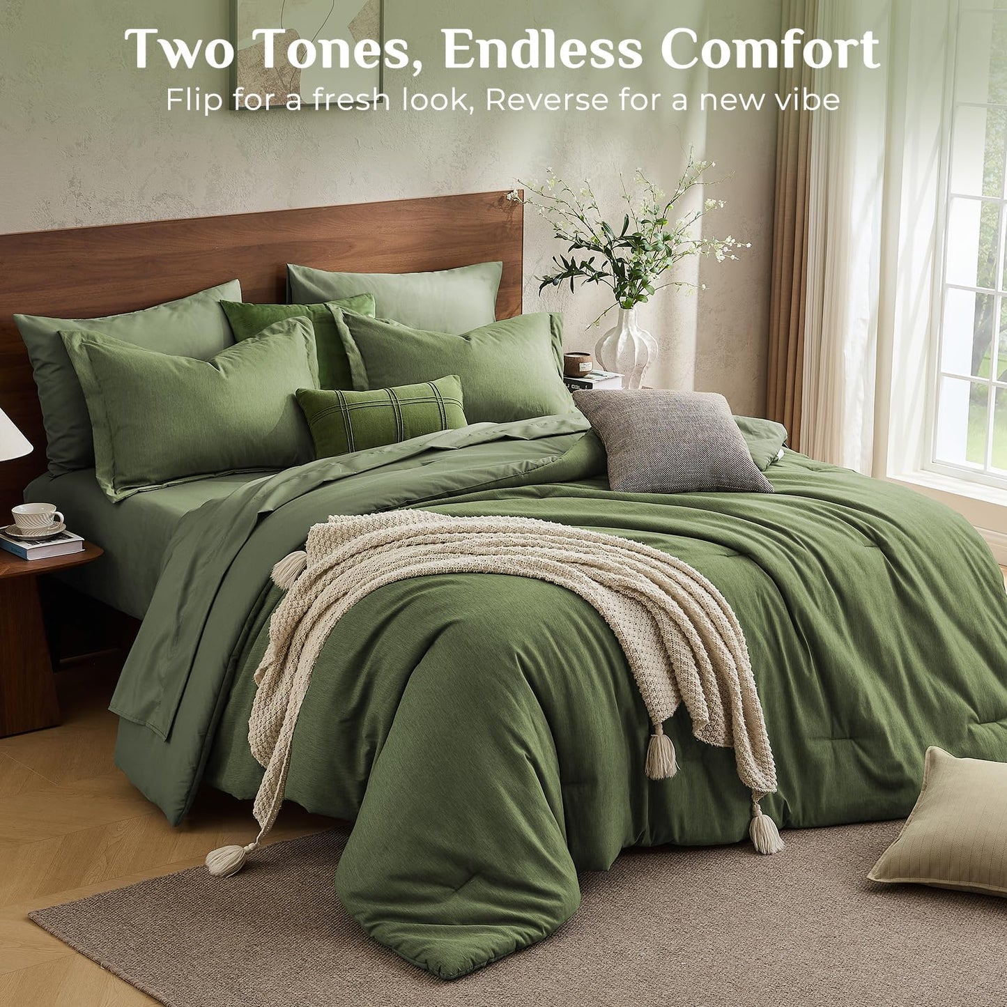 JOLLYVOGUE Queen Comforter Set Dark Green, Cationic Dyeing Bed in a Bag Queen 7 Pieces, Double-Tone Bedding Set with Down Alternative Comforter, Sheets, Pillowcases & Shams