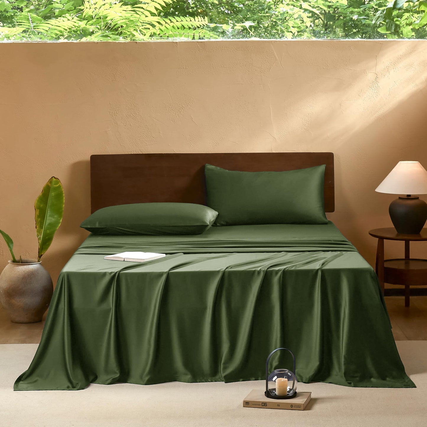 EVERLY King Sheets Set,Luxuriously 400 Thread Count Organic Viscose Derived from Bamboo Bed Sheet,Cooling Sheets for King Size 4 Piece Deep Pockets Bedding Sheets &Pillowcases-Dark Green