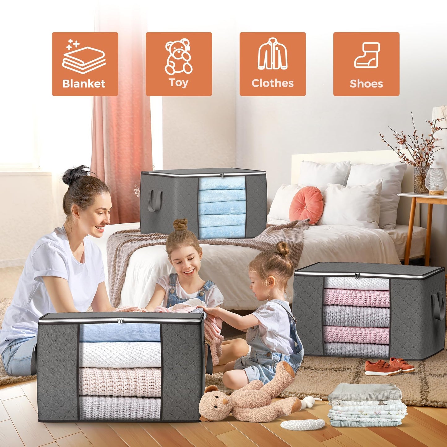 90L Large Storage Bags, 6 Pack Clothes Storage Bins Foldable Closet Organizers Storage Containers with Reinforced Handle for Clothing, Blanket, Comforters, Bed Sheets, Pillows and Toys (Gray)