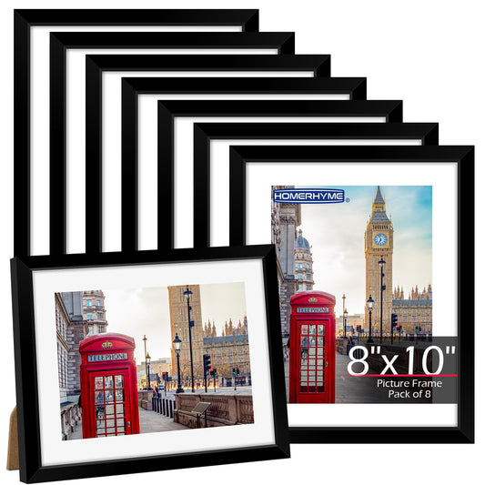 HOMERHYME 8x10 Picture Frame Set of 8, Black Photo Frames for Tabletop or Wall Display, Fits Pictures 5x7 with Mat or 8x10 Without Mat, Frame Collage with HD Plexiglass for Gallery Home Wall Decor