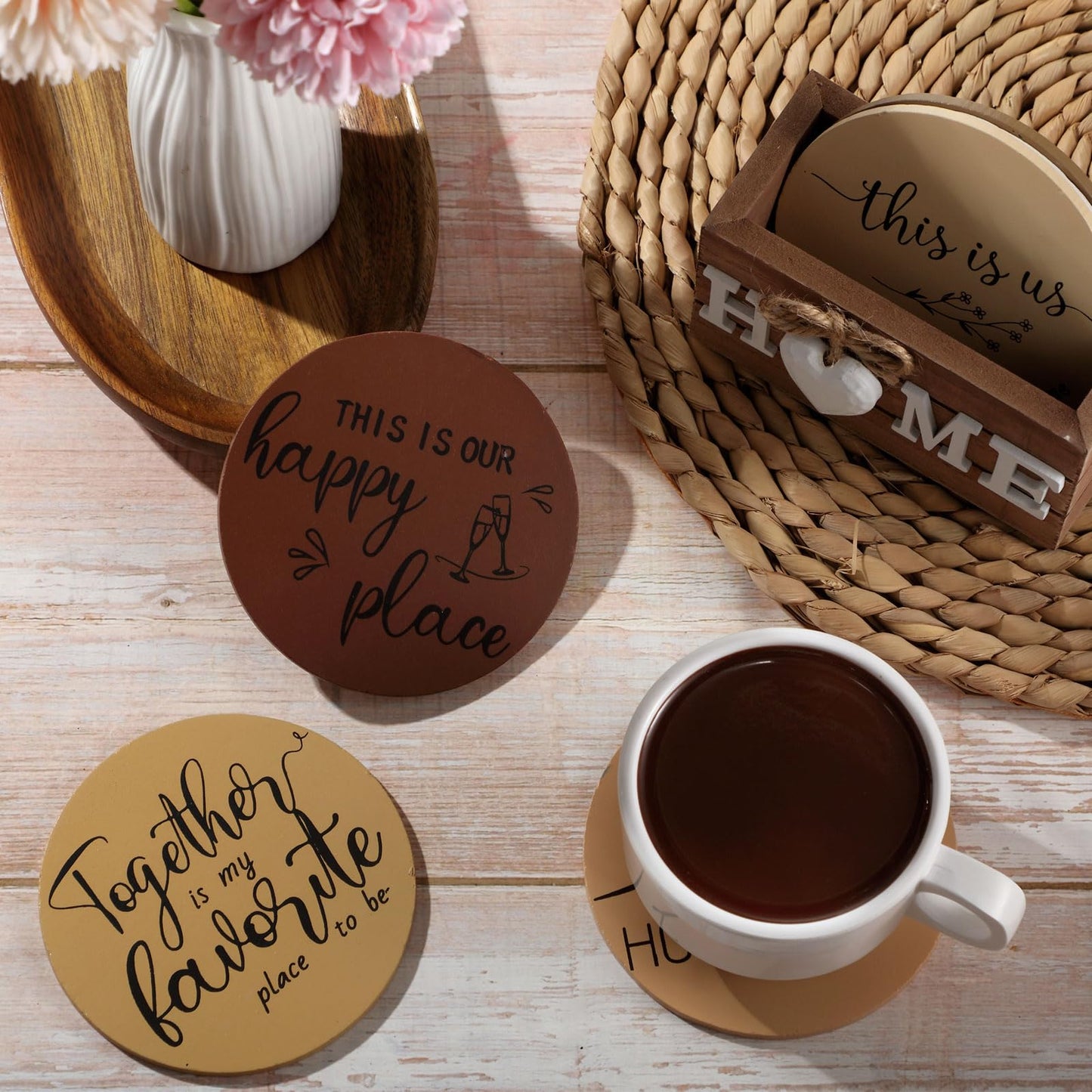 Queekay Coasters Set of 6 House Warming Gifts New Home Wooden Farmhouse Drink Coasters with Holder 4'' Funny Decoration for Kitchen Family Coffee Bar Tabletop Protection(Brown)