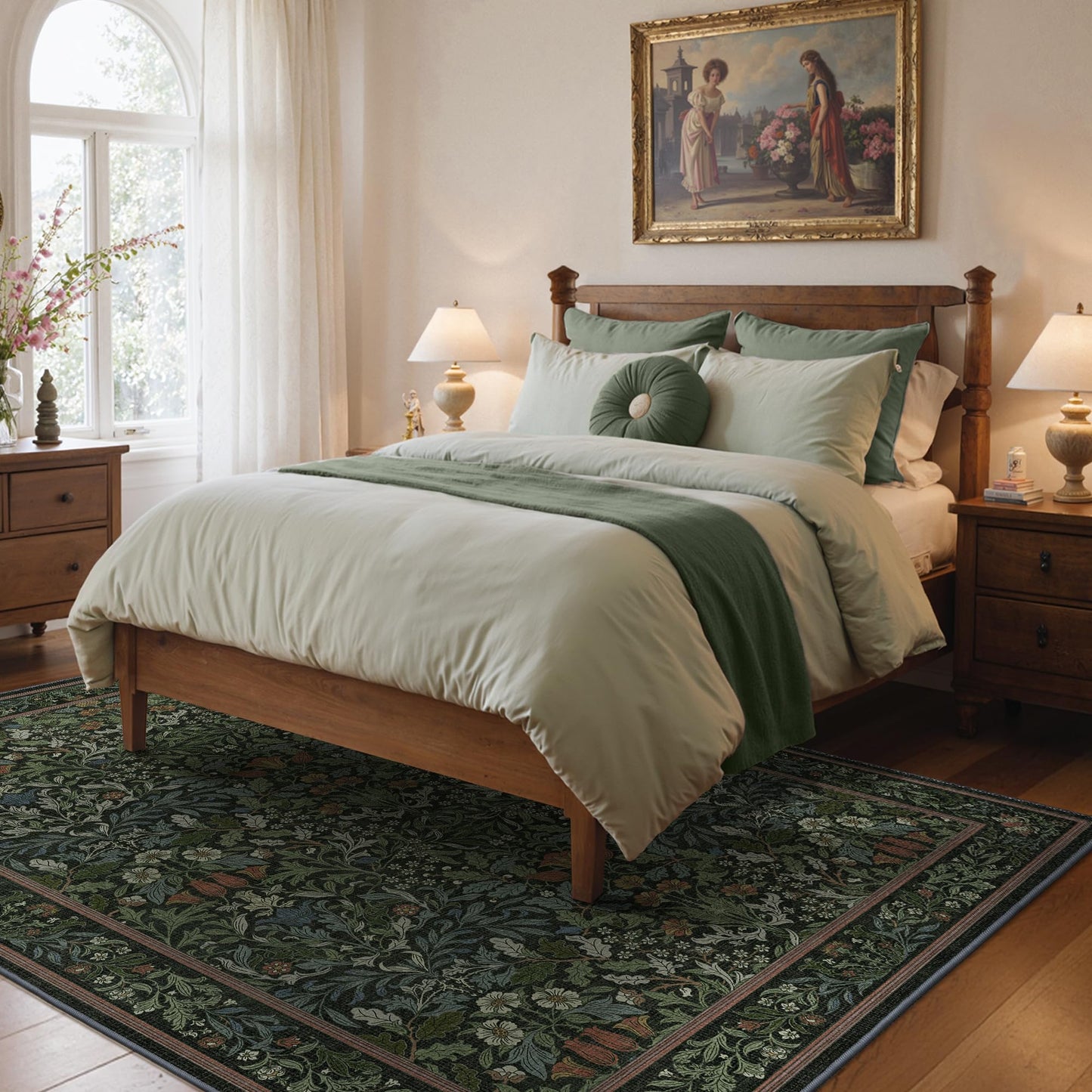 GENIMO Washable Rugs 5x7, Dark Green Rug Non Slip, Vintage Boho Floral Area Rug, Soft Low Pile Thin Carpet for Bedroom Living Room Nursery Dining Room, Dark Green