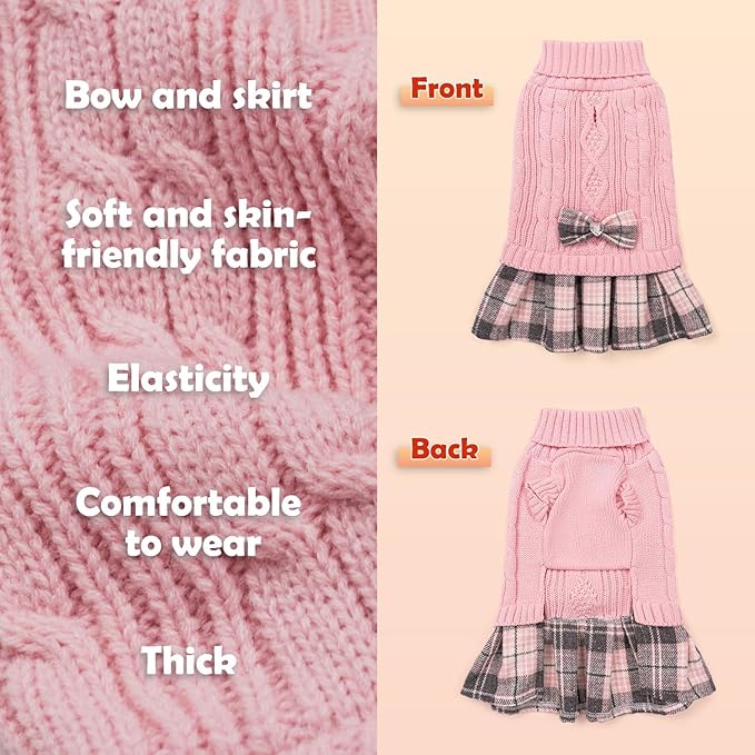 YUDODO 2 Pack Small Dog Sweater Dress with Bowtie Turtleneck - Knitted Pet Girl Dog Winter Clothes - Pet Warm Sweater for Puppy Yorkies, Chihuahua (L Grey+Pink)