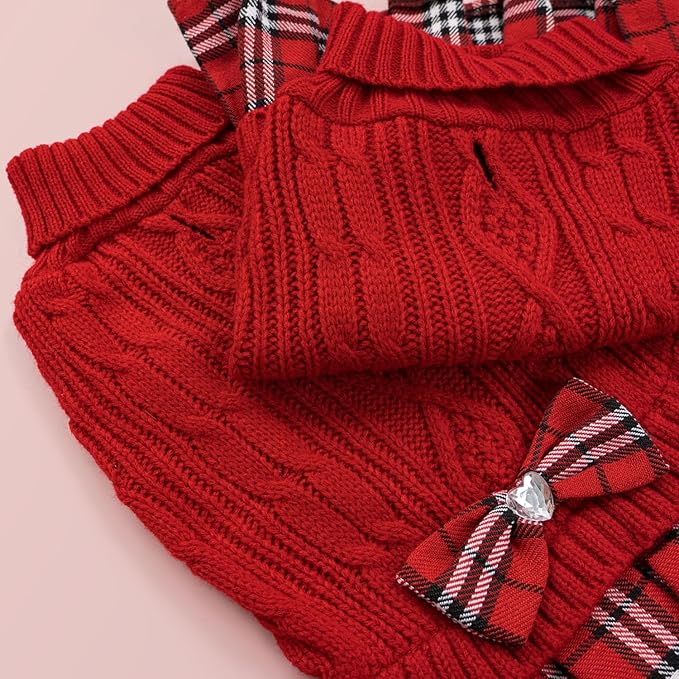 YUDODO Small Dog Sweater Dress with Bowtie Turtleneck - Knitted Pet Girl Dog Winter Clothes - Pet Warm Sweater for Puppy Yorkies, Chihuahua (L Red)