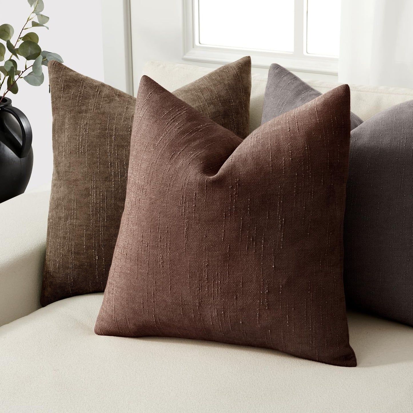 Woaboy 22x22 Inch Set of 2 Textured Throw Pillow Covers Decorative Soft Accent Square Chenille Pillowcases Neutral Farmhouse Cushions Modern Home Decor for Couch Sofa Bedroom Living Room,Beaver Fur