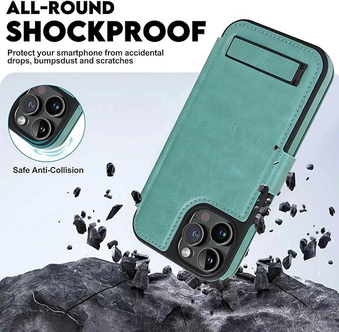 CIVICASE for iPhone 13 Pro Max Wallet Case with Stand,PU Leather Flip Credit Card Holder Slots (RFID Blocking),Compatible with Magsafe Magnetic Holder Phone Cover Women Men,Green