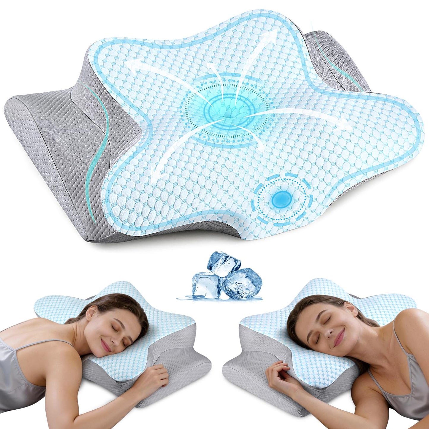 Cervical Neck Pillow for Pain Relief - Ergonomic Side Sleeper Pillow for Neck Support, Contour Orthopedic Cervical Pillow for Sleeping, Cooling Memory Foam Pillows for Back Stomach Sleepers (Blue)