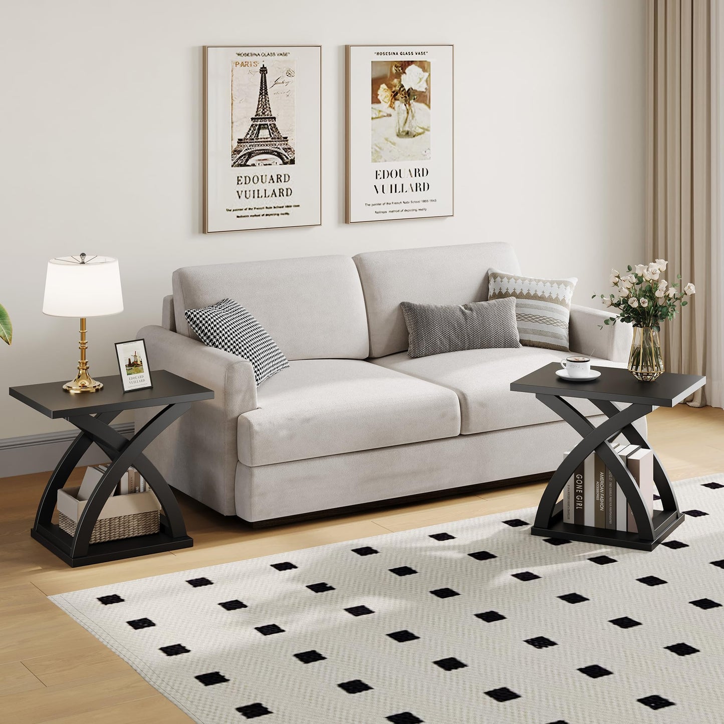 ChooChoo End Side Table, Modern End Table with Storage Shelf, X-Design Side Table Living Room (Black)