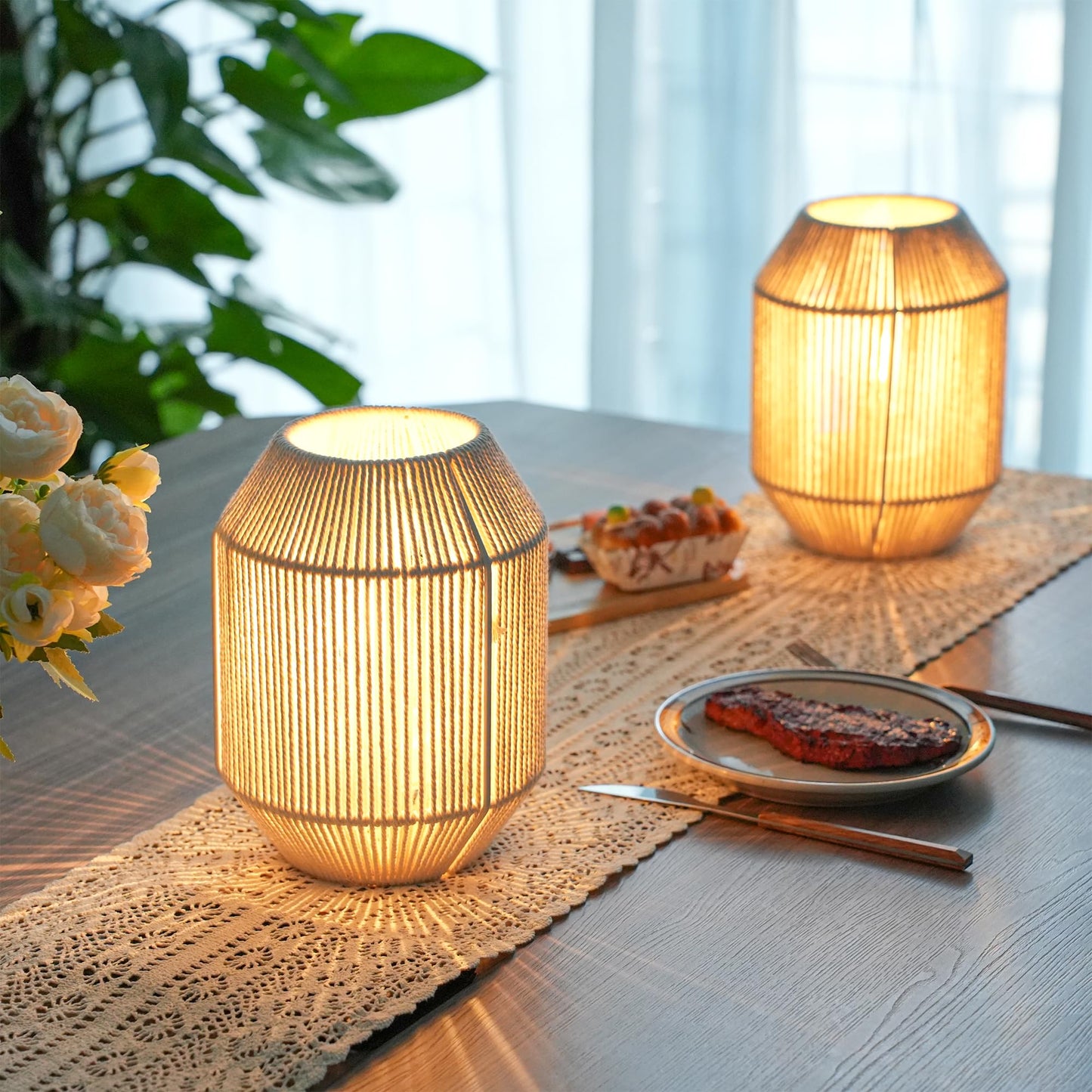 JHY DESIGN Set of 2 Woven Lampshade Table Lamps 8.5" H Cotton Rope Bedside ‌Light‌s Cordless Decorative Battery Operated Lamps with 6 Hours Timer for Bedroom Living Room Weddings Parties Patio