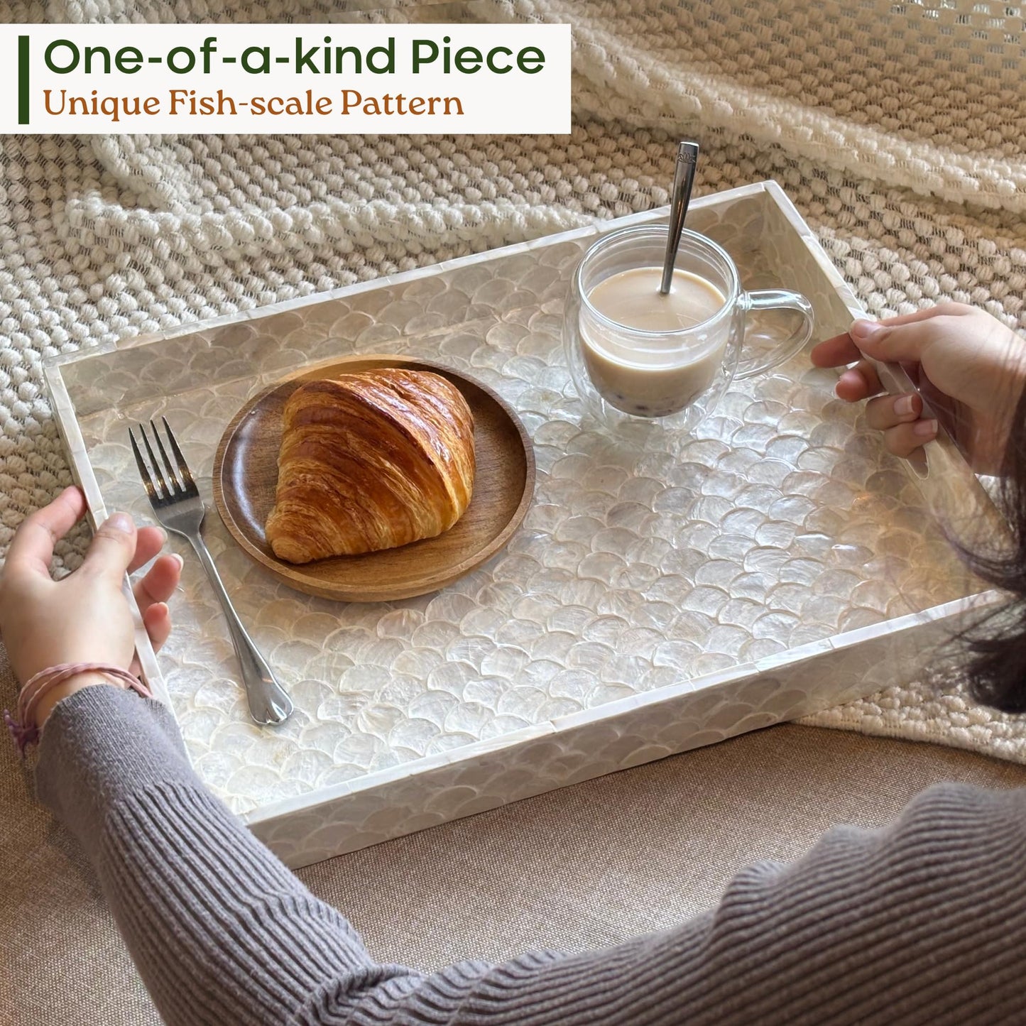 CHI AN HOME Capiz Decorative Tray 15.8” x 11.8” x 1.8" Rectangular Tray, Natural Handmade Serving Tray with Handles for Coffee Tables, Ottoman, Vanity, Kitchen, Coastal Boho Home Decor, White