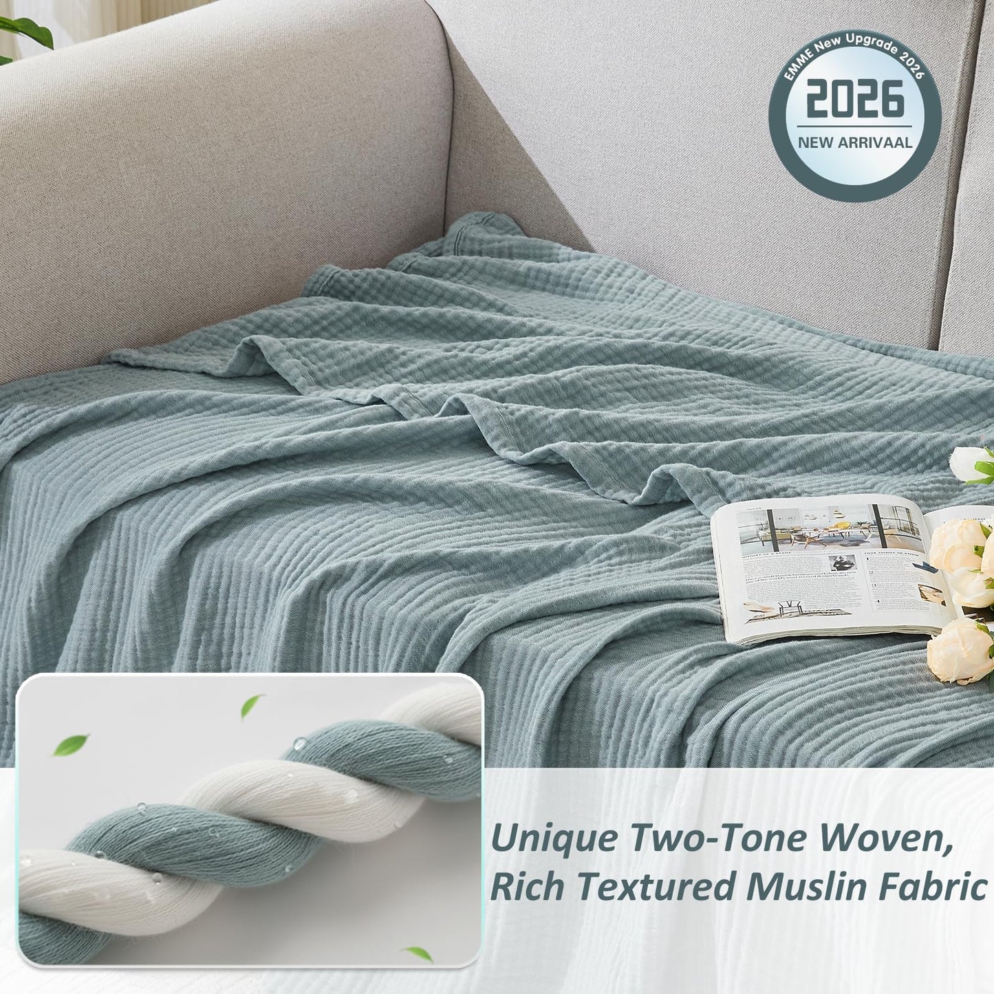 EMME Cotton Muslin Large Throw Blanket 4-Layer Couch Breathable Gauze Soft Lightweight Bed Blankets Adults Two-Tone Weave Design, Pre-Washed Softer Touch (Heather Teal, 50"x70")