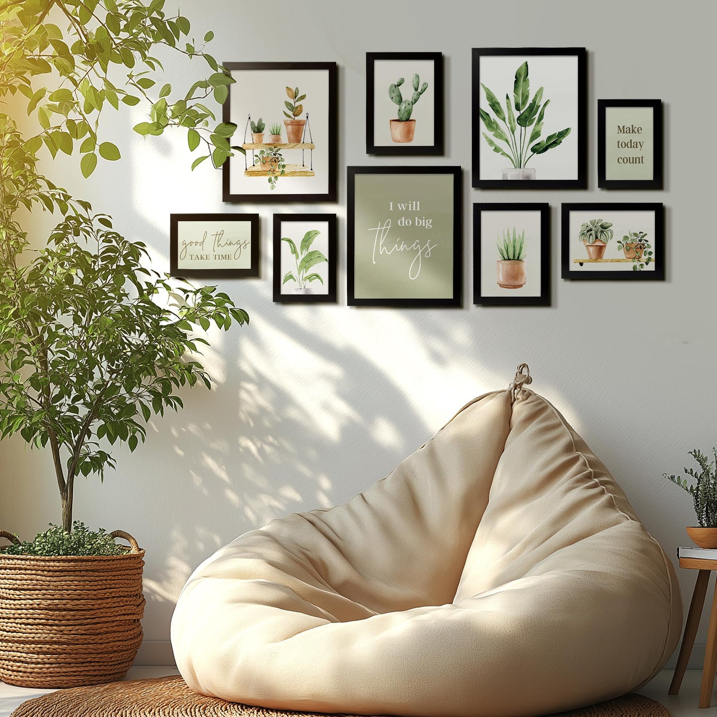 ArtbyHannah 9-Piece Botanical Gallery Wall Art Set, Sage Green Plant Prints with Black Frames, Neutral Decor for Modern Living Room Bedroom Staircase Nursery