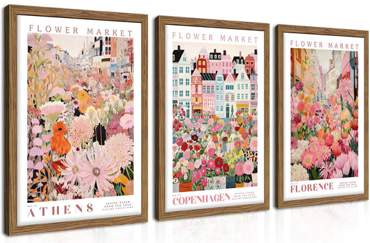 Floral Wall Art Set of 3, Colorful Flower Market Canvas Wall Decor Paintings, Pink Wildflower Botanical Posters Prints Pictures Artwork for Bedroom Living Room 12x16 Inch Wood Framed