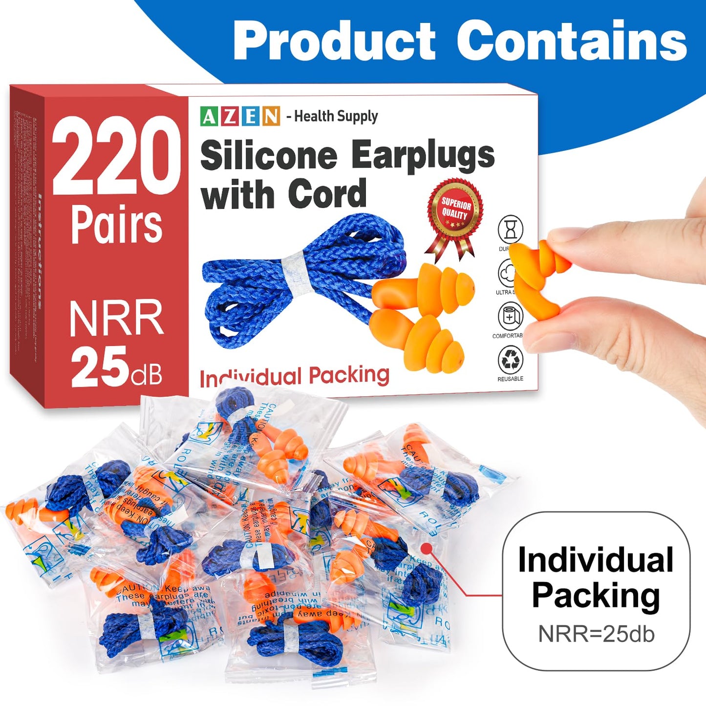 AZEN 220 Pairs Silicone Ear Plugs, Reusable Earplugs for Noise Reduction, 25dB NRR Corded Ear Plug for Sleeping Noise Cancelling, Ear Plug with String Individual Packing
