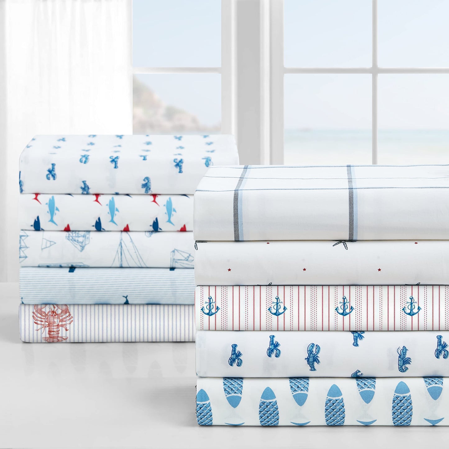 Nautica - Queen Size Sheet Set, Crisp Cotton Percale Bedding with Matching Pillowcases, Fully Elastic Fitted Sheet, Deep Pocket, Nautical Room Decor, Breathable All-Season Comfort (Whale Stripe Blue)