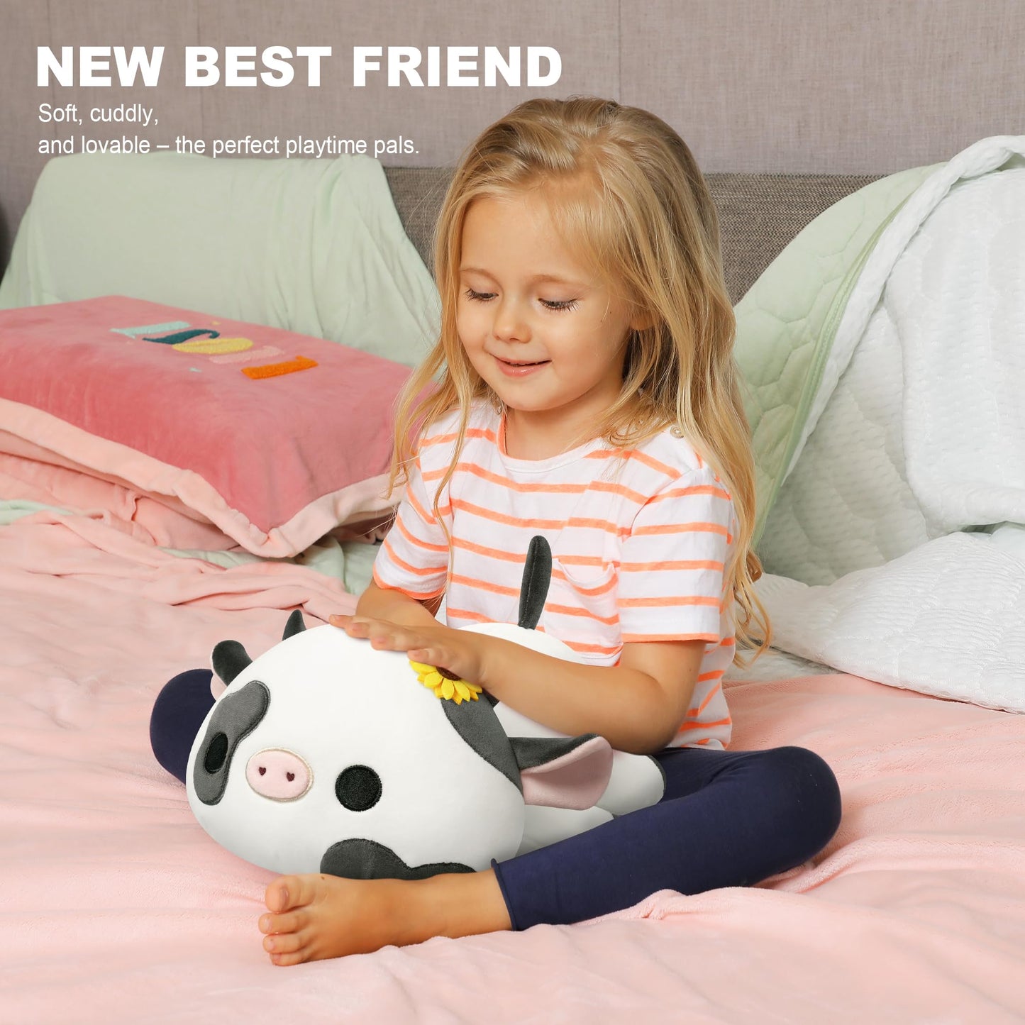 Onsoyours Cute Cow Plushie with Sunflower Headwear, Soft Stuffed Milk Love Cow Squishy Plush Animal Toy Flower Cow Pillow Gift for Kids (Sunflower Cow, 12")