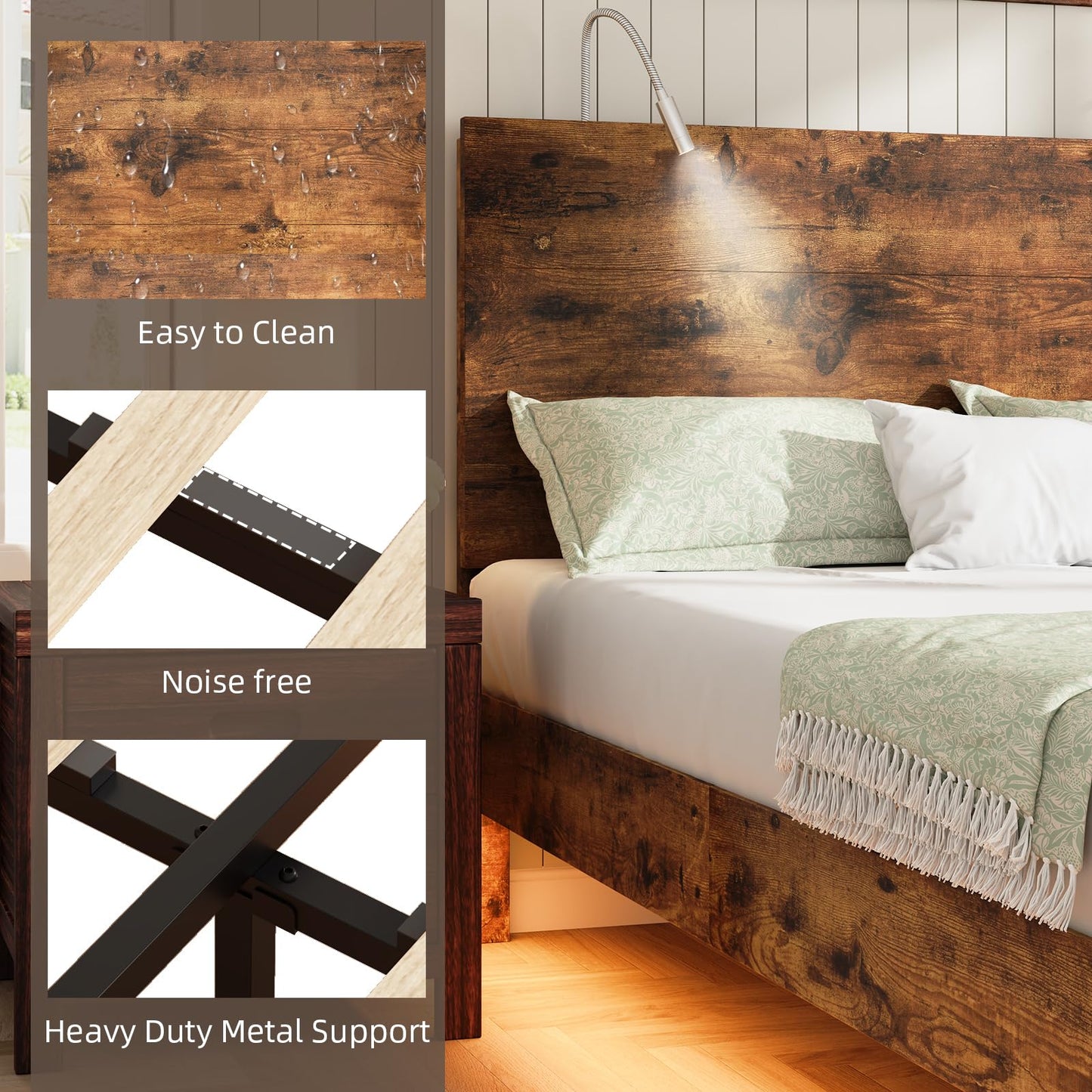 BarnFurin Floating Bed Frame Full with Led Lights, Wooden Bed Frame with Reading Light Headboard, Heavy Duty Metal Slats, No Box Spring Needed, Easy Assembly, Rustic Brown