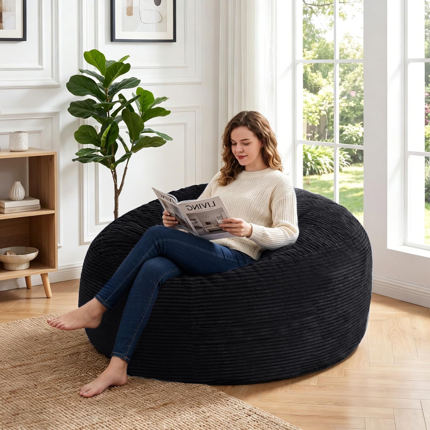 Yagamo Large Bean Bag Chairs for Adults, 4FT Memory Foam Bean Bag, Bean Bag Chairs with Removable Striped Plush Cover, Cozy Beanbags for Living Room Bedroom Dorm and Office- Black