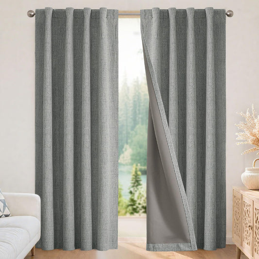 Joydeco Blackout Curtains for Bedroom - 100% Light Blocking 2 Panels Light Grey Drapes 37" W x 84" L, Thermal Insulated Room Darkening Curtains, Linen Textured for Living Room, Rod Pocket & Back Tabs