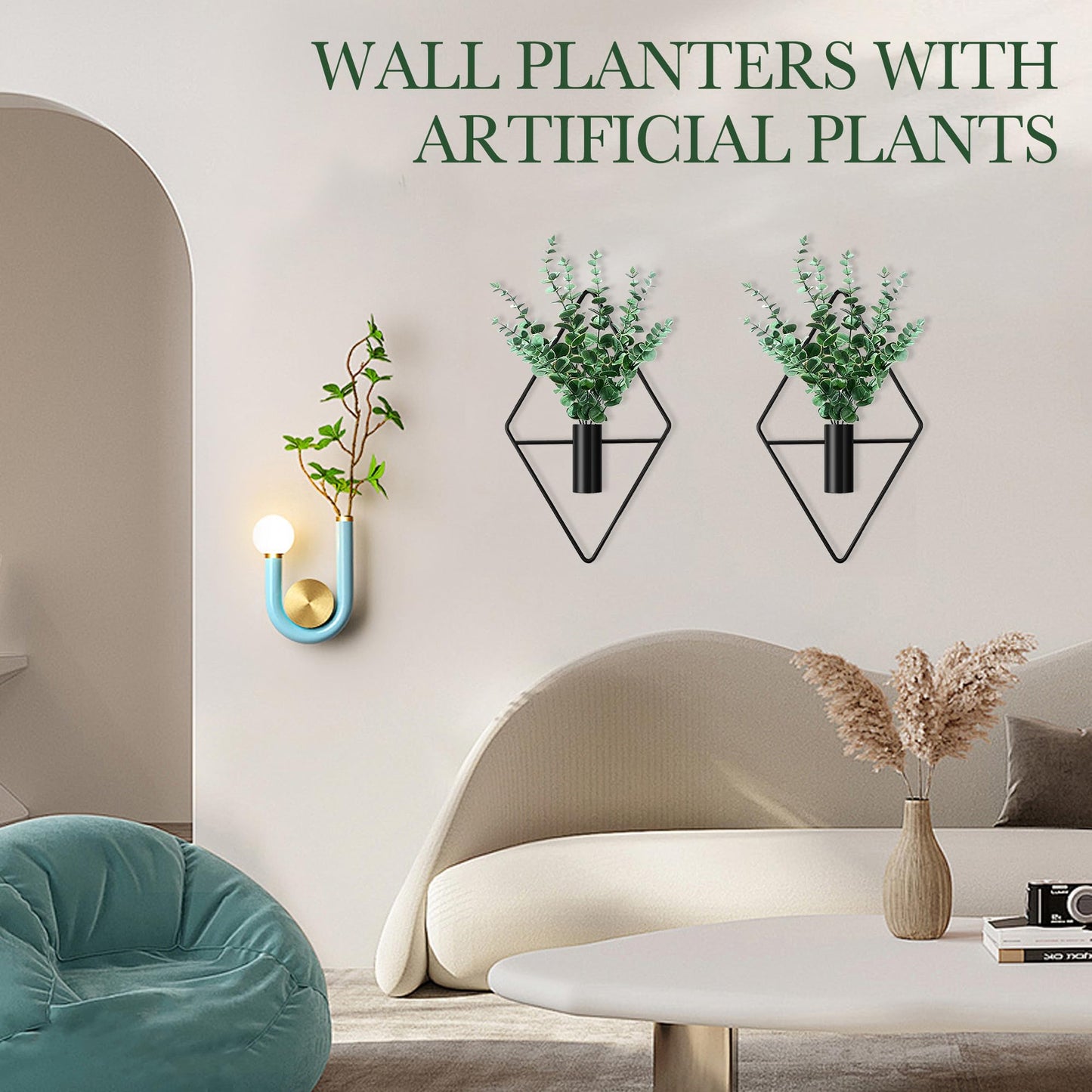 LZRHORR 2 Pack Black Wall Decor Hanging Planters with Artificial Plants Metal Hanging Vase Indoor Plants Holder Modern Boho Wall Art for Bathroom Bedroom Living Room Office (Black, Eucalyptus)