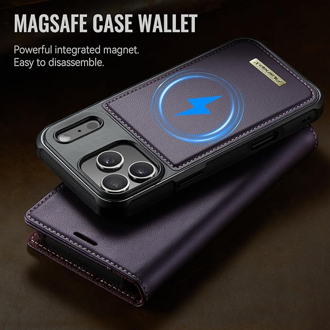 PlusnapX Wallet Case for iPhone 17 Pro Compatible with Magsafe, 2-in-1 PU Leather Flip RFID Blocking Card Holder Stand Shockproof Magnetic Detachable Cover for iPhone 17 Pro Case 6.3", Fashion Purple